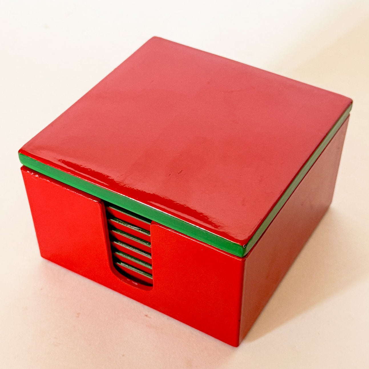 Vintage Lord & Taylor Red and Green Lacquerware Coaster Set- 7 Pieces