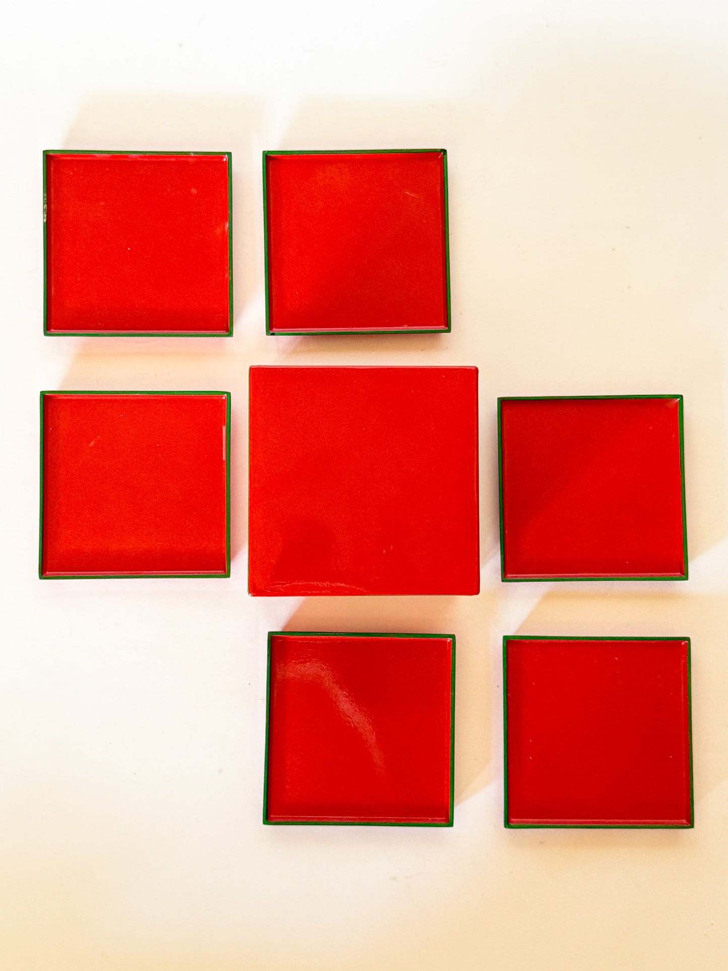 Vintage Lord & Taylor Red and Green Lacquerware Coaster Set- 7 Pieces