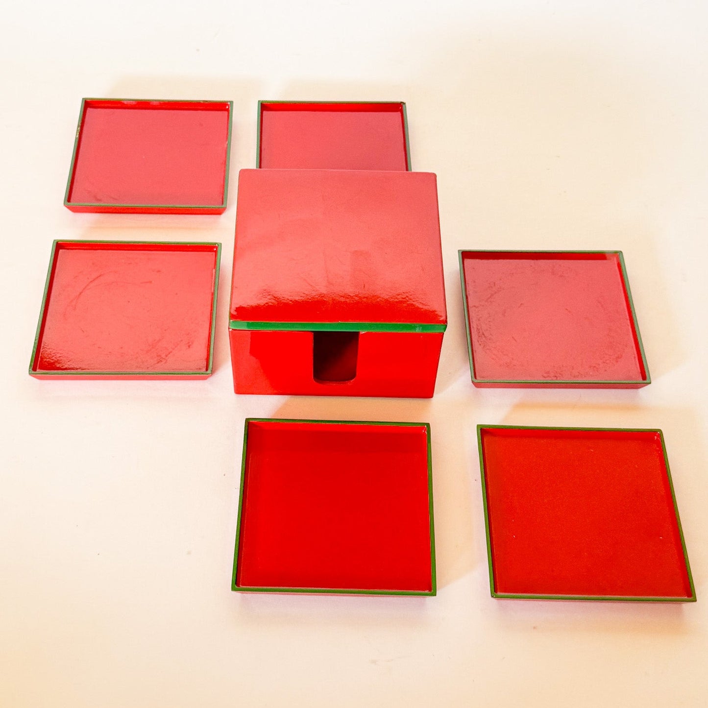Vintage Lord & Taylor Red and Green Lacquerware Coaster Set- 7 Pieces