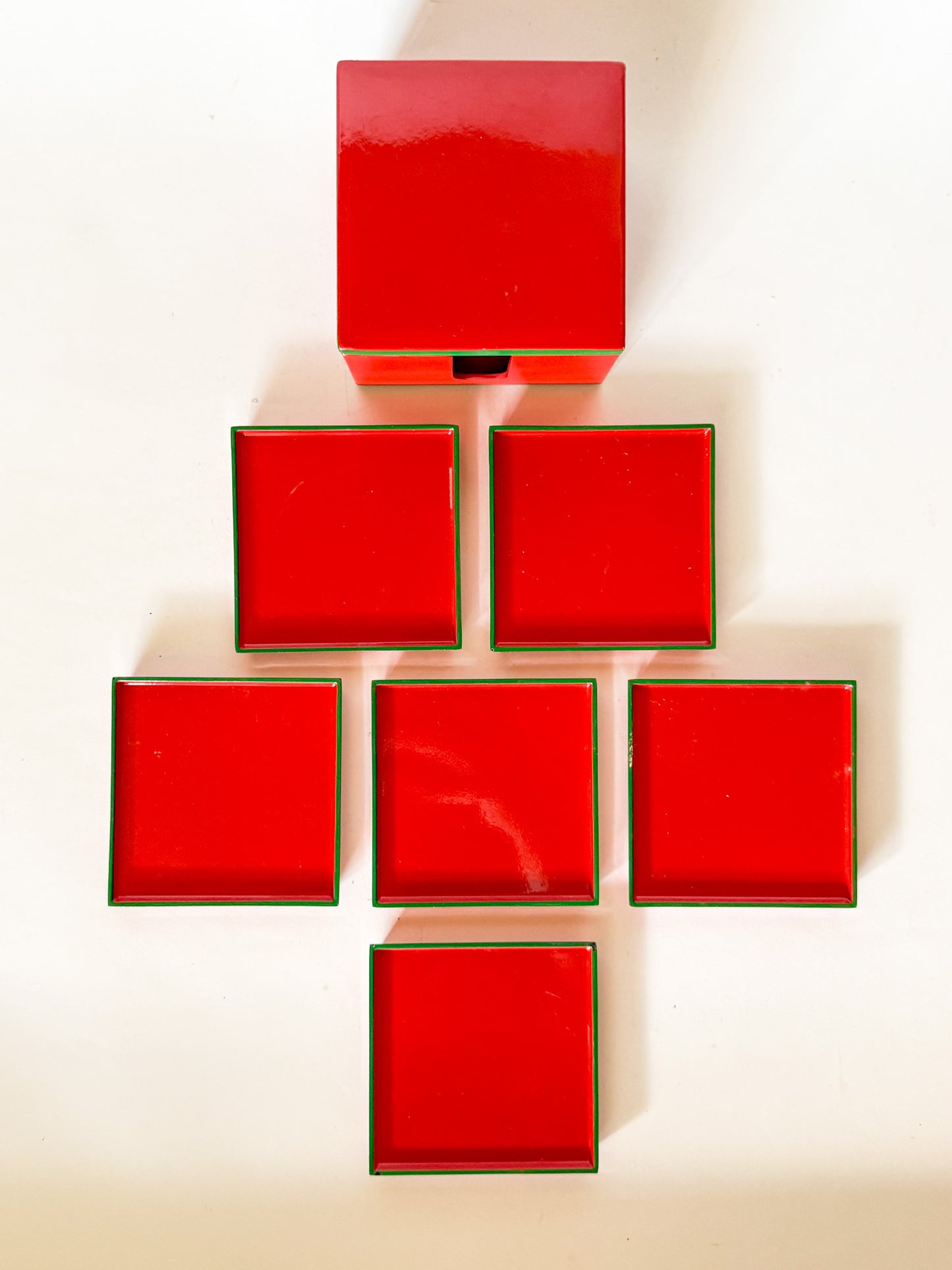 Vintage Lord & Taylor Red and Green Lacquerware Coaster Set- 7 Pieces