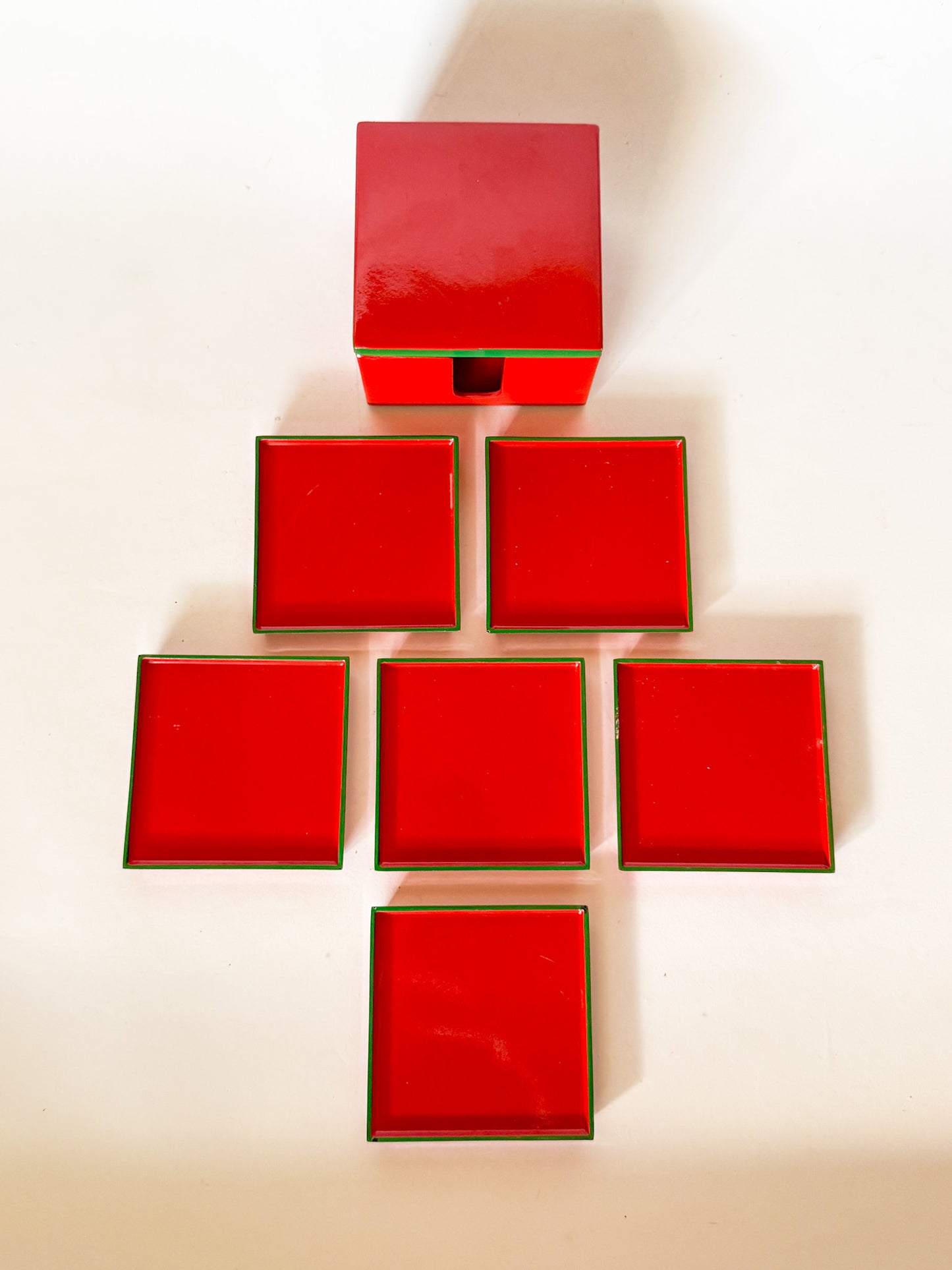 Vintage Lord & Taylor Red and Green Lacquerware Coaster Set- 7 Pieces