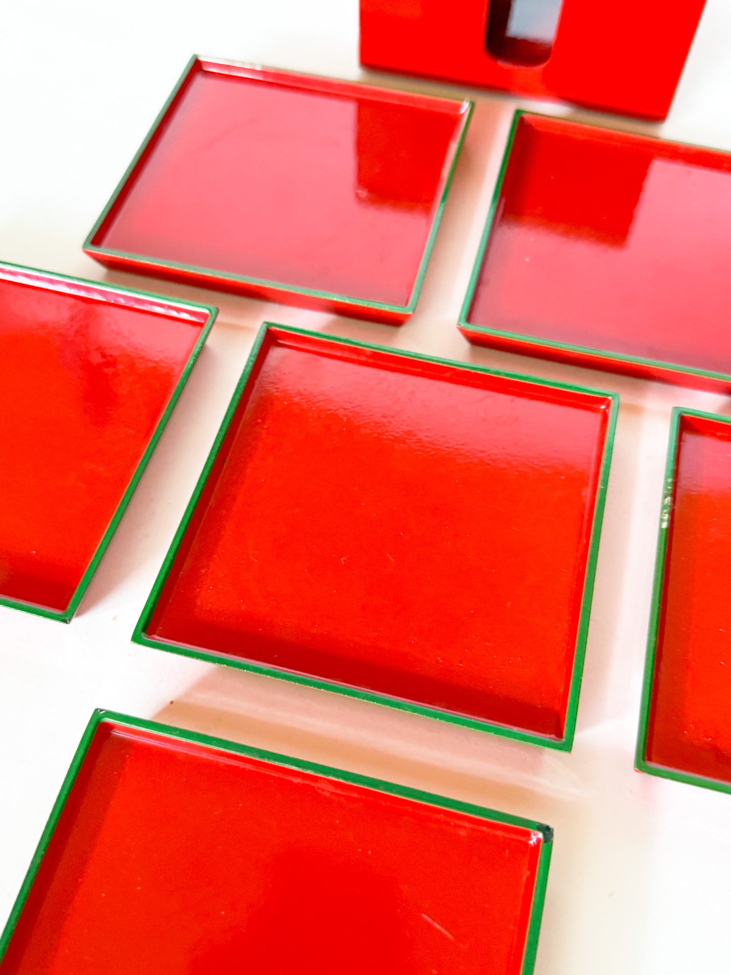 Vintage Lord & Taylor Red and Green Lacquerware Coaster Set- 7 Pieces