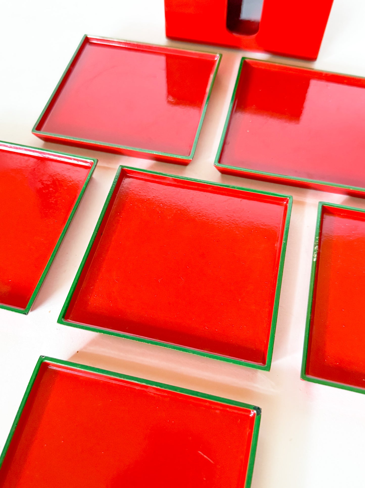 Vintage Lord & Taylor Red and Green Lacquerware Coaster Set- 7 Pieces