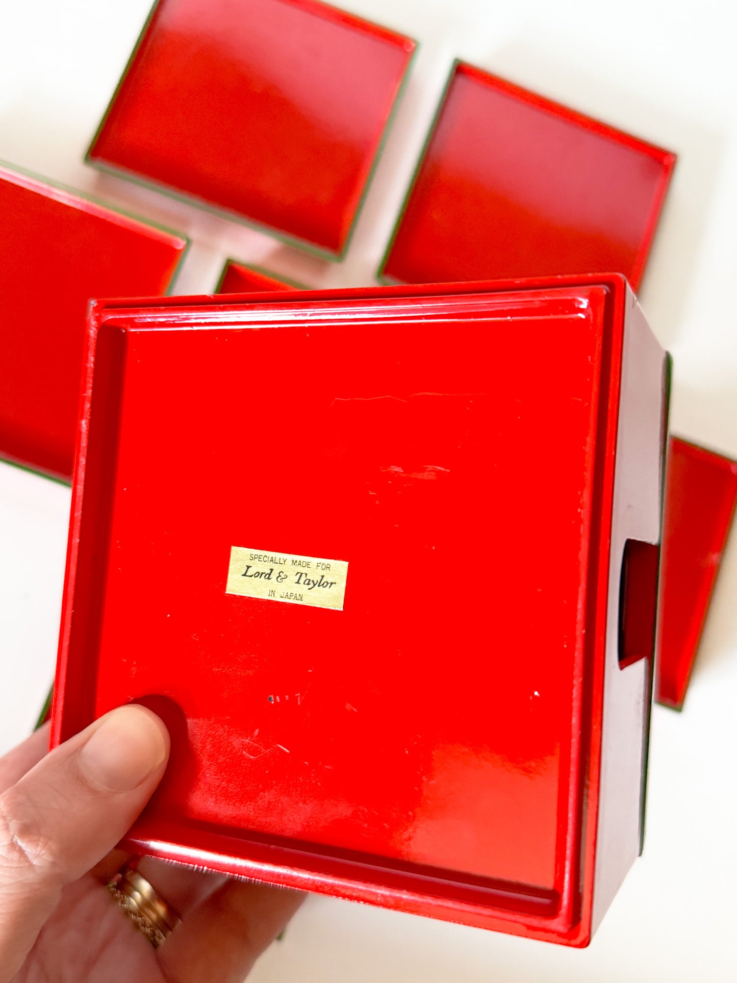 Vintage Lord & Taylor Red and Green Lacquerware Coaster Set- 7 Pieces