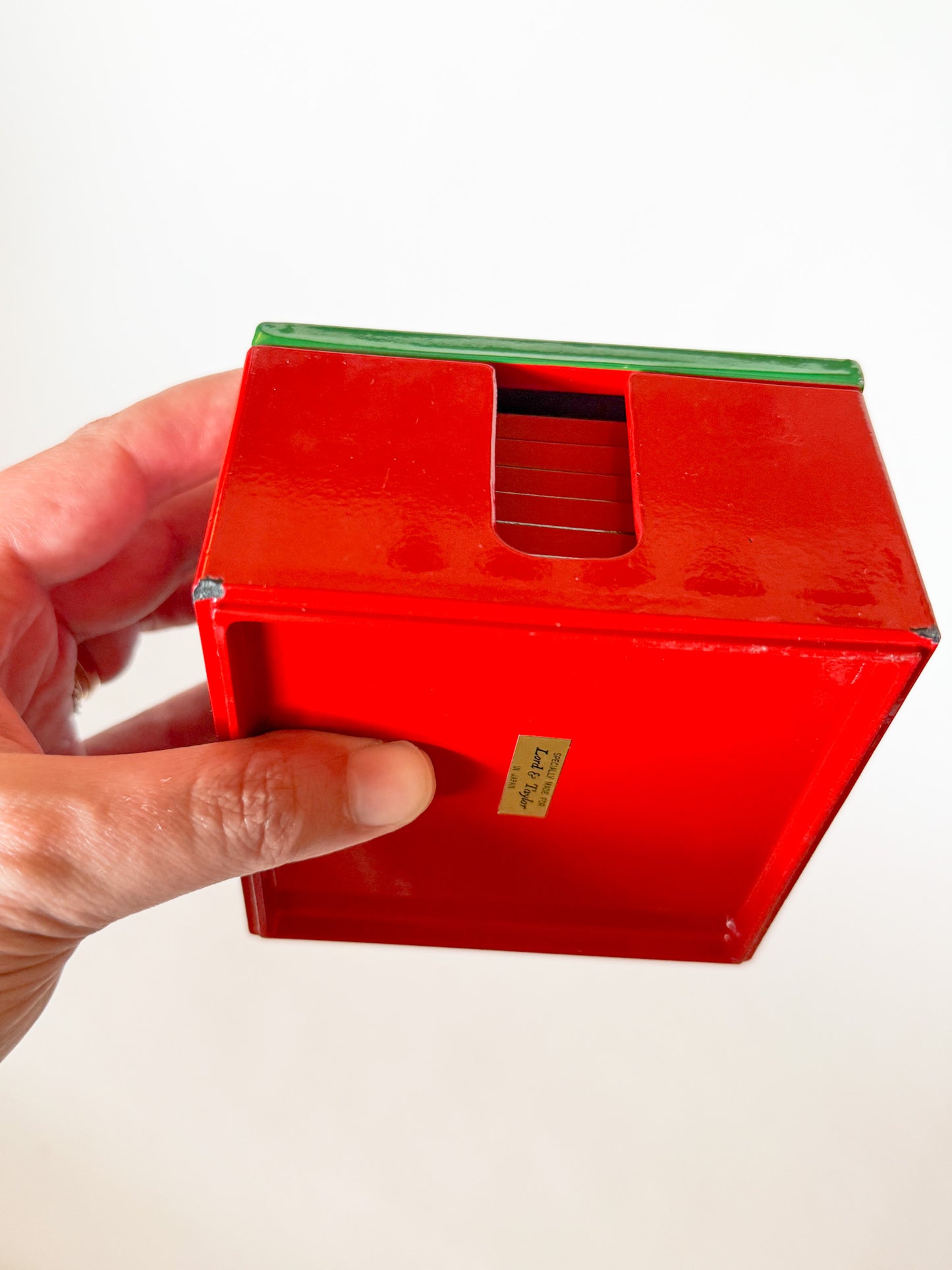 Vintage Lord & Taylor Red and Green Lacquerware Coaster Set- 7 Pieces