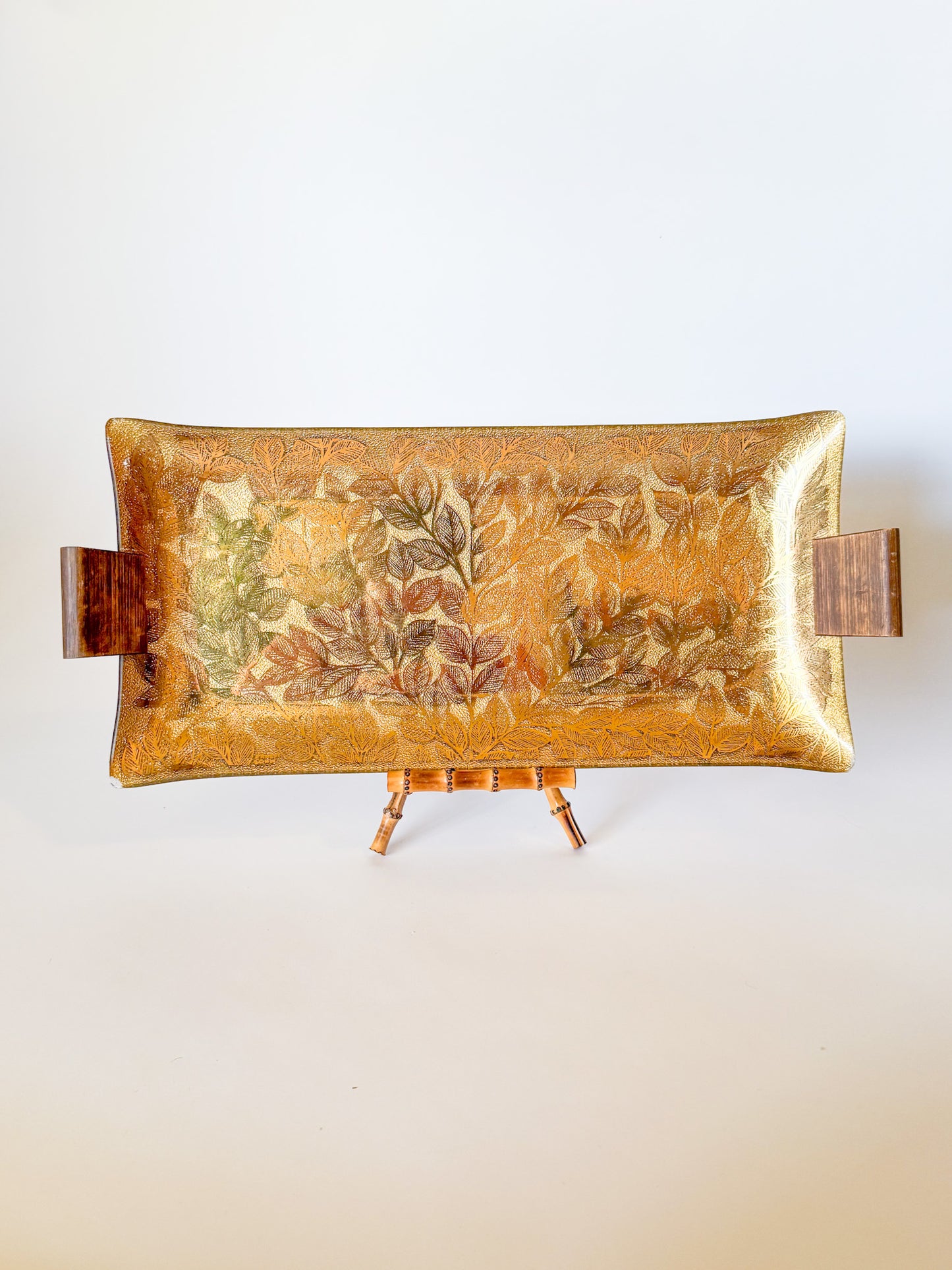 Mid-Century Modern Ernest Sohn Gilt Leaf Handkerchief Glass and Wood Tray, Signed