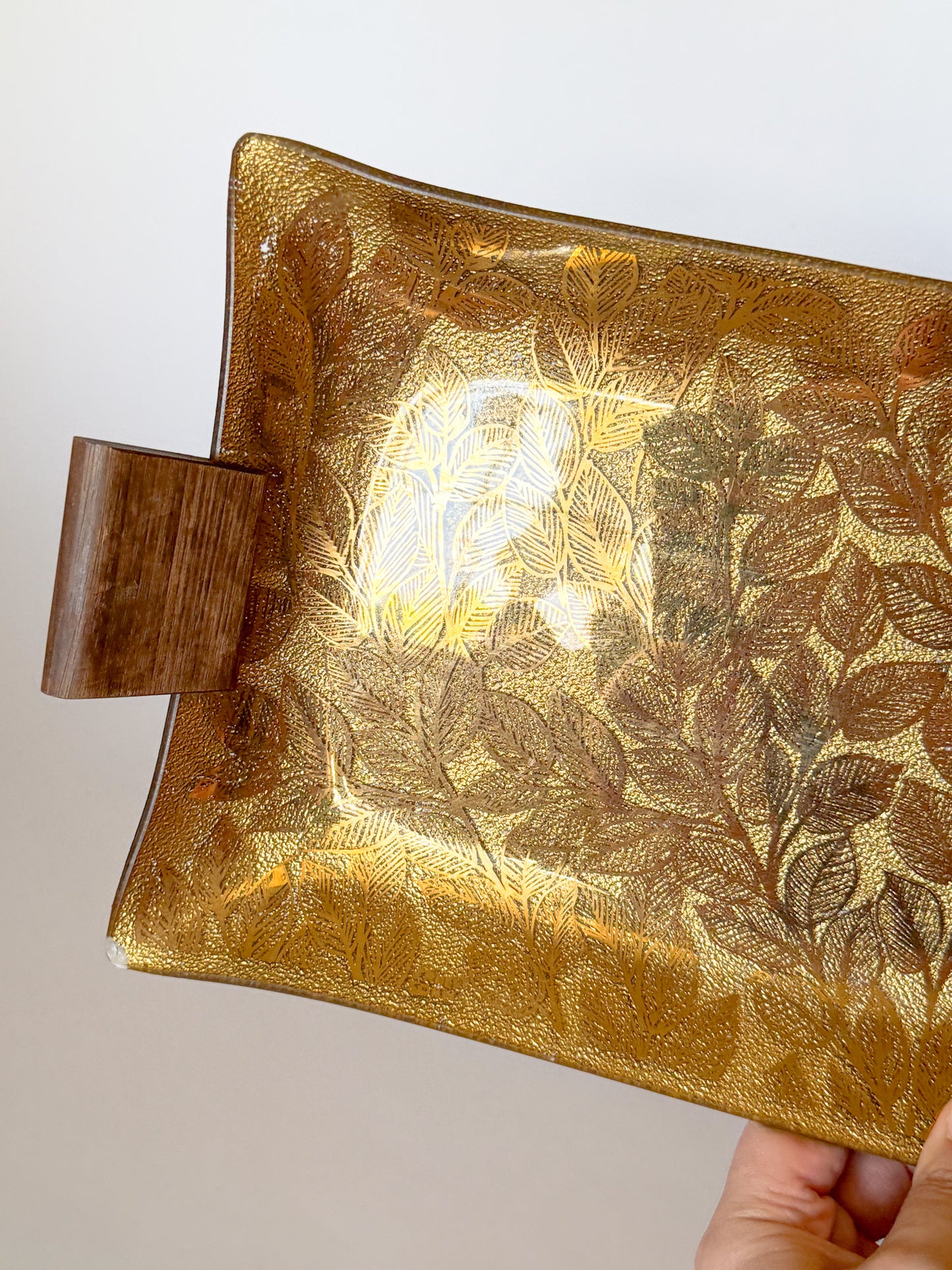 Mid-Century Modern Ernest Sohn Gilt Leaf Handkerchief Glass and Wood Tray, Signed