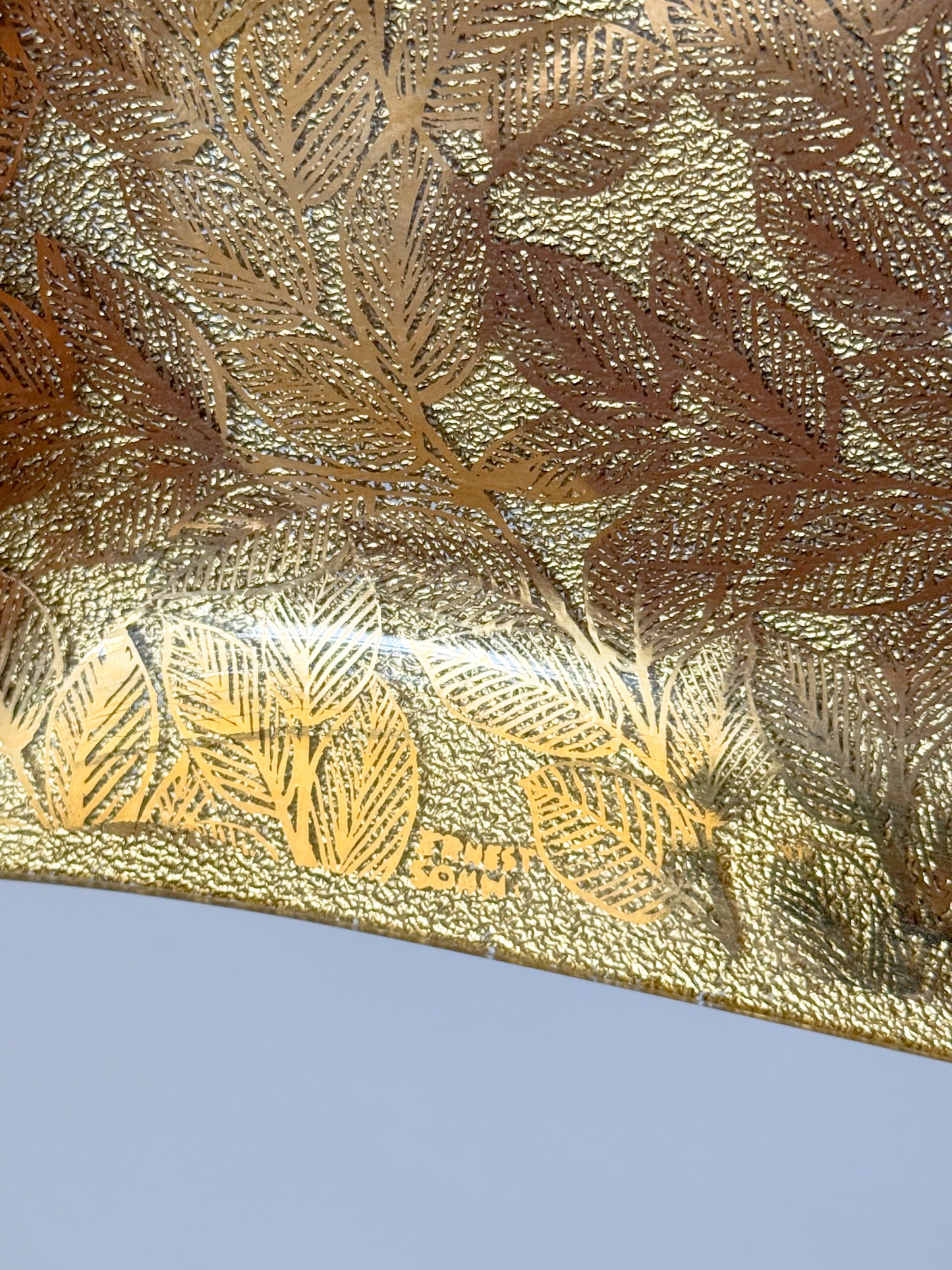 Mid-Century Modern Ernest Sohn Gilt Leaf Handkerchief Glass and Wood Tray, Signed