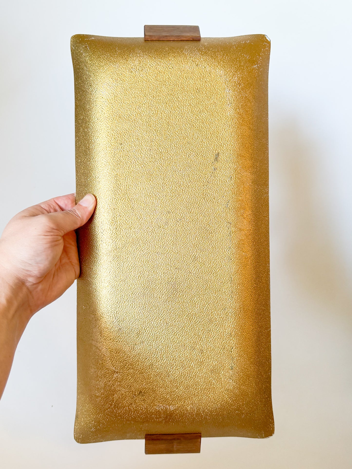 Mid-Century Modern Ernest Sohn Gilt Leaf Handkerchief Glass and Wood Tray, Signed