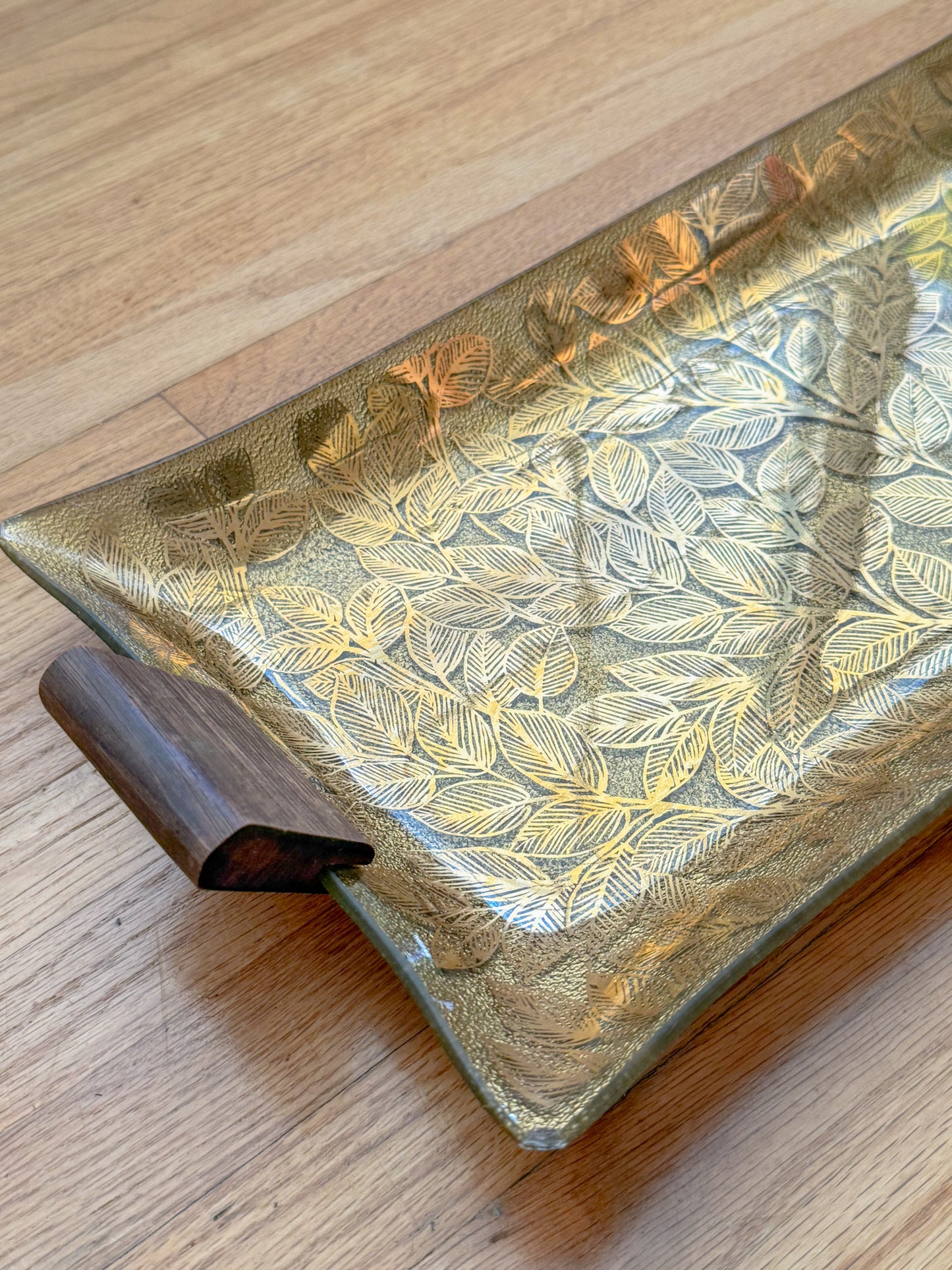Mid-Century Modern Ernest Sohn Gilt Leaf Handkerchief Glass and Wood Tray, Signed