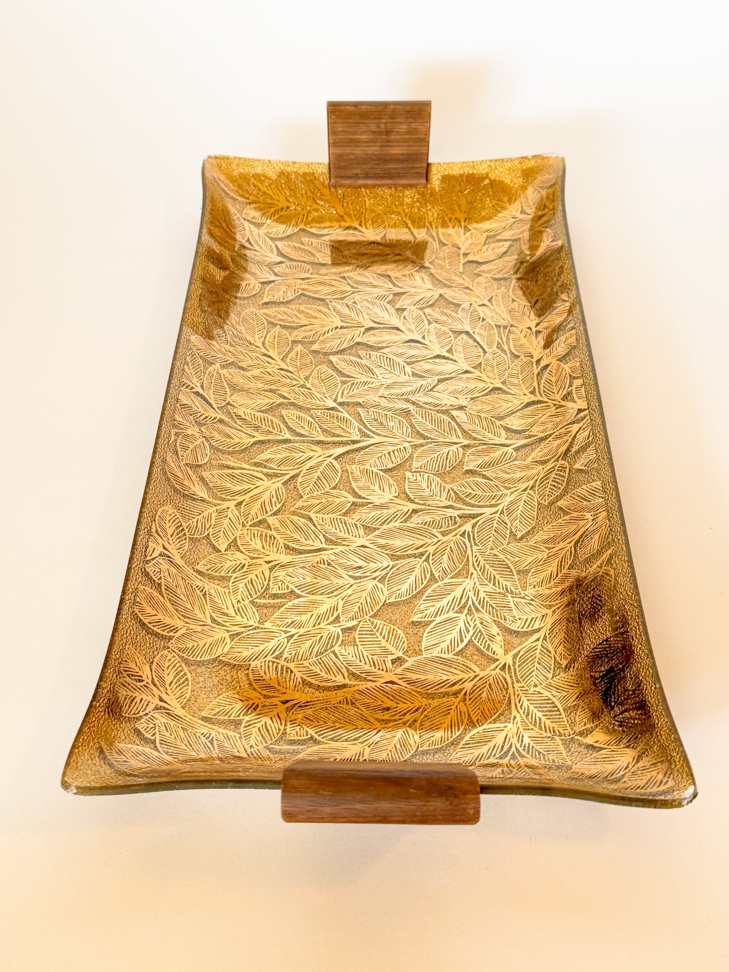 Mid-Century Modern Ernest Sohn Gilt Leaf Handkerchief Glass and Wood Tray, Signed