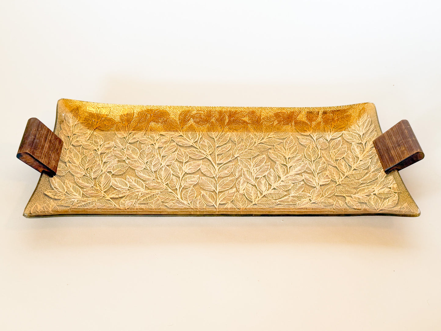 Mid-Century Modern Ernest Sohn Gilt Leaf Handkerchief Glass and Wood Tray, Signed