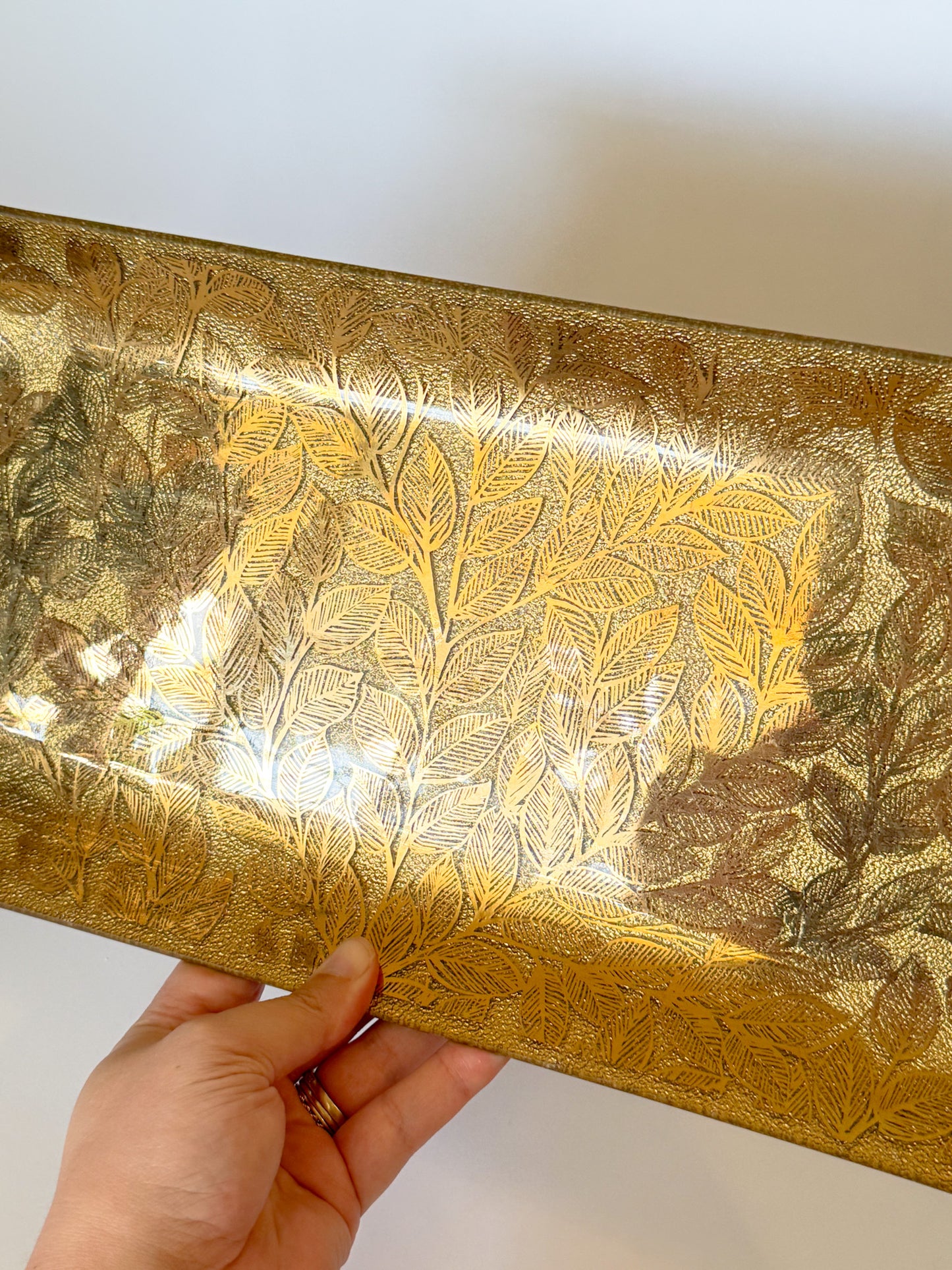 Mid-Century Modern Ernest Sohn Gilt Leaf Handkerchief Glass and Wood Tray, Signed
