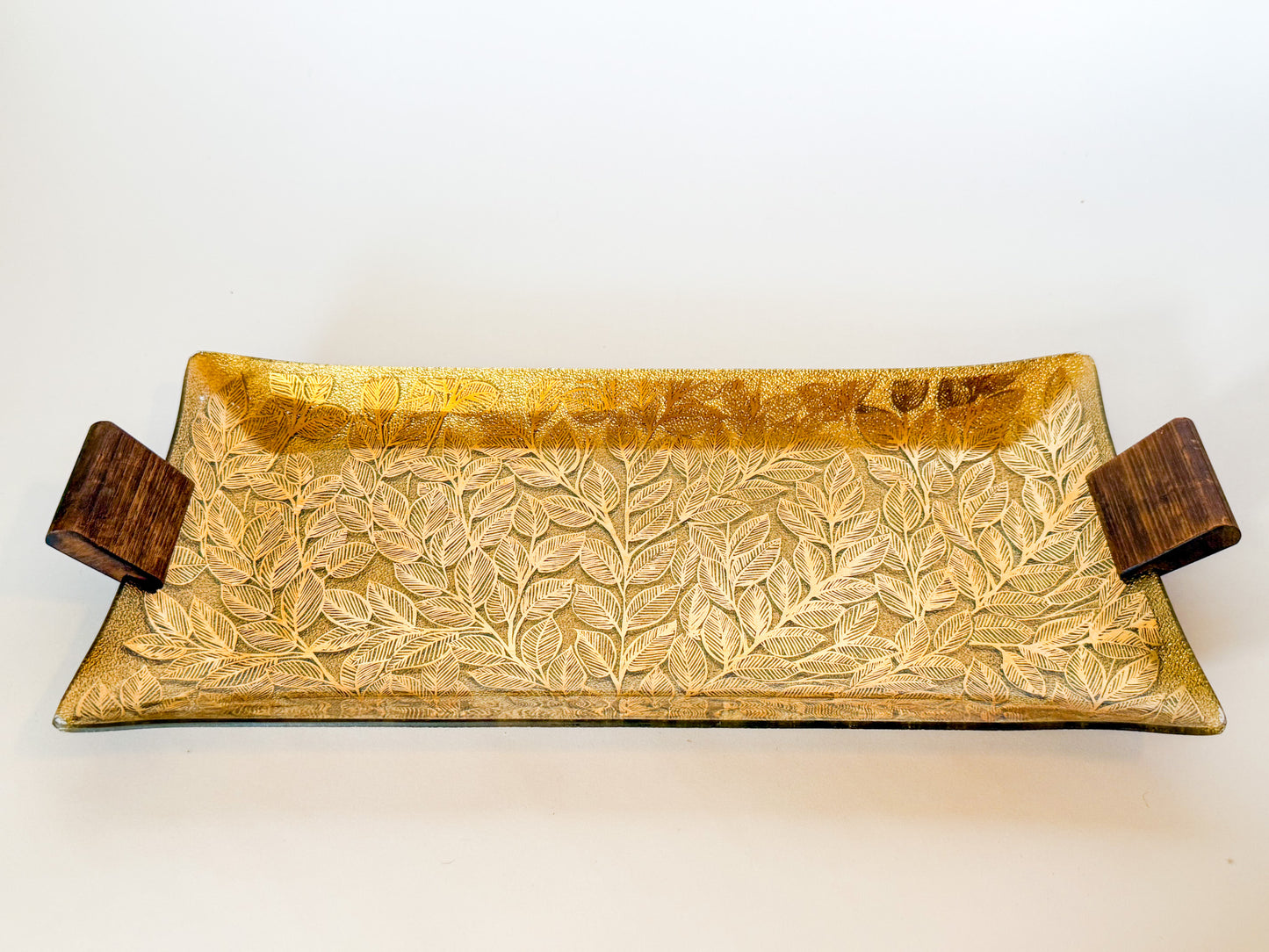 Mid-Century Modern Ernest Sohn Gilt Leaf Handkerchief Glass and Wood Tray, Signed