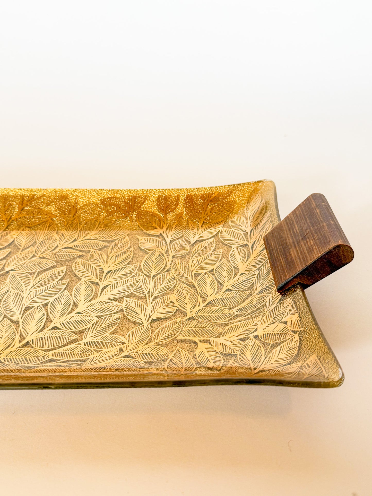 Mid-Century Modern Ernest Sohn Gilt Leaf Handkerchief Glass and Wood Tray, Signed