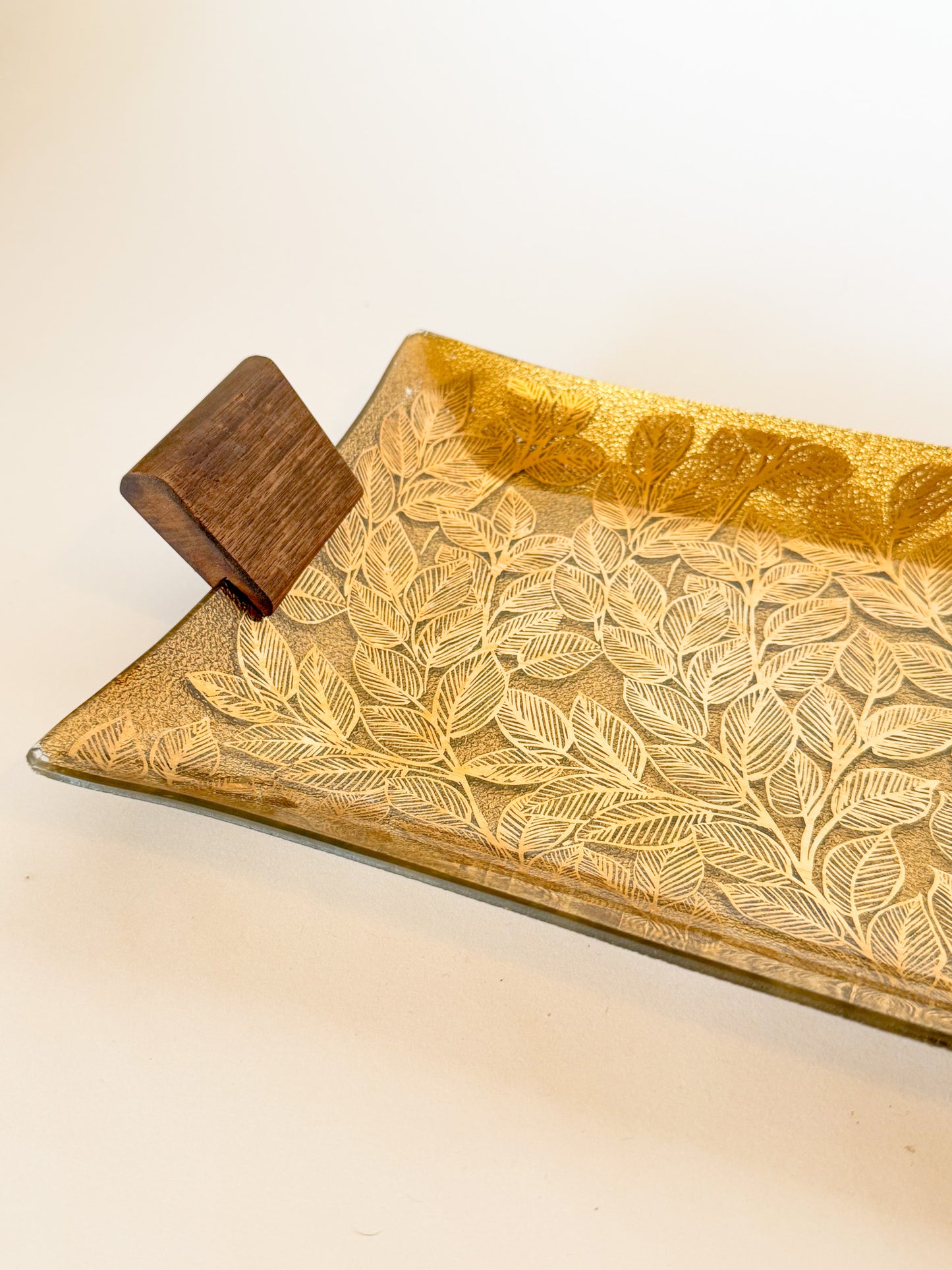 Mid-Century Modern Ernest Sohn Gilt Leaf Handkerchief Glass and Wood Tray, Signed