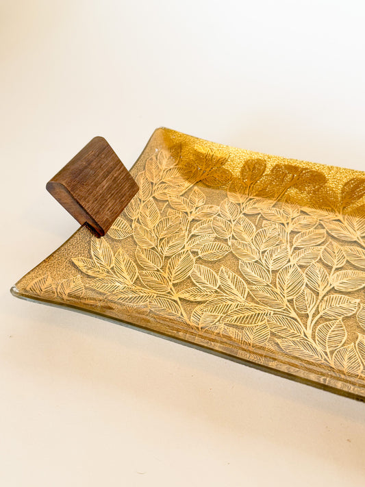 Mid-Century Modern Ernest Sohn Gilt Leaf Handkerchief Glass and Wood Tray, Signed
