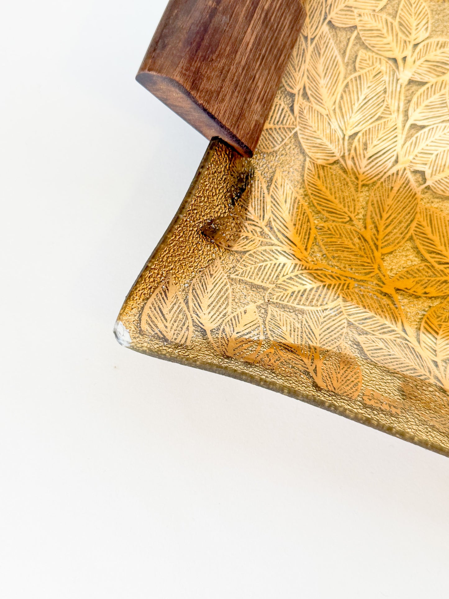 Mid-Century Modern Ernest Sohn Gilt Leaf Handkerchief Glass and Wood Tray, Signed