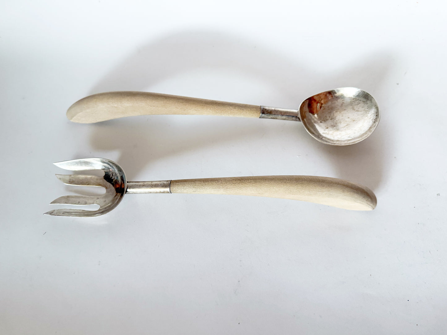 Vintage Mexican Sterling Silver Wood Handle Salad Server Set- 2 Pieces