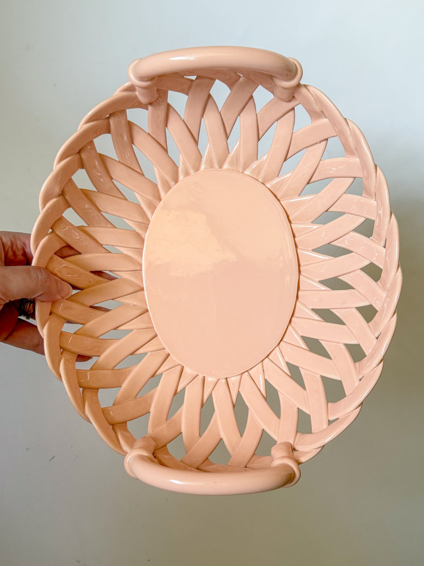 Vintage Italian Handcrafted Open Weave Studio Pottery Bowl in Salmon Peach Pink