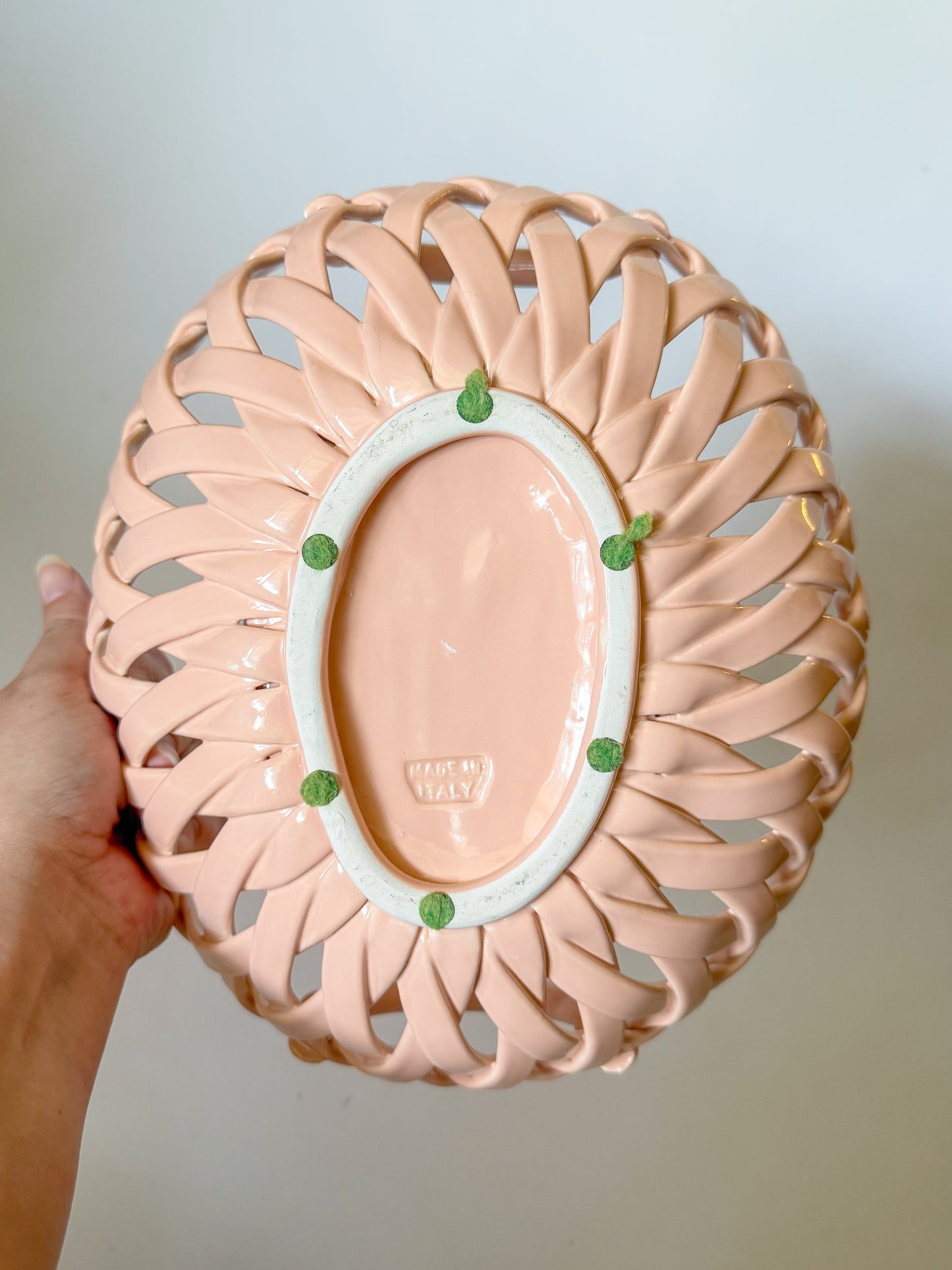 Vintage Italian Handcrafted Open Weave Studio Pottery Bowl in Salmon Peach Pink