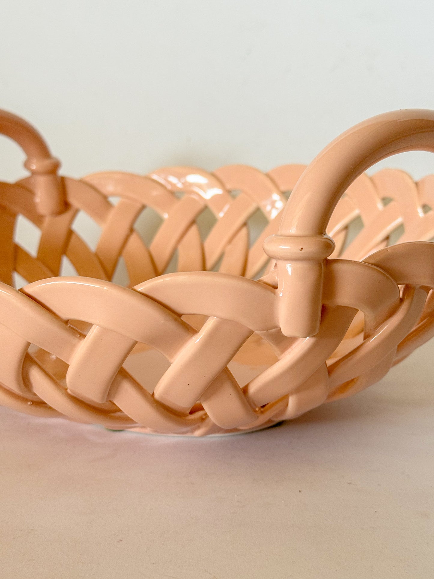 Vintage Italian Handcrafted Open Weave Studio Pottery Bowl in Salmon Peach Pink
