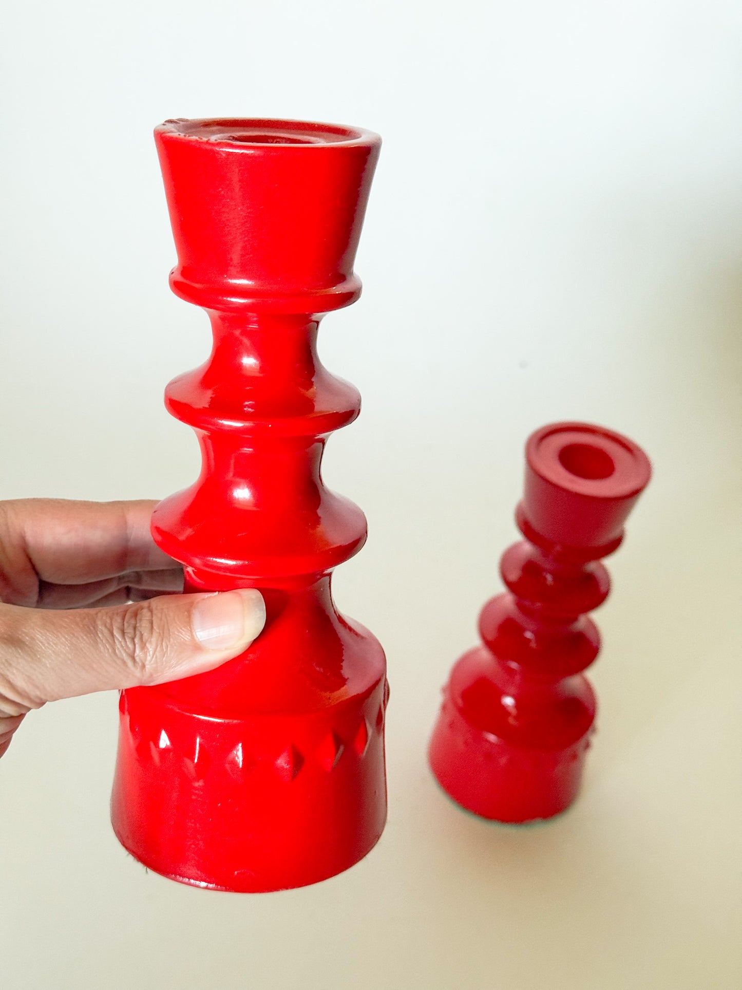 1960s Mid Century Scandinavian Style Red Ceramic Candlesticks- Set of 2