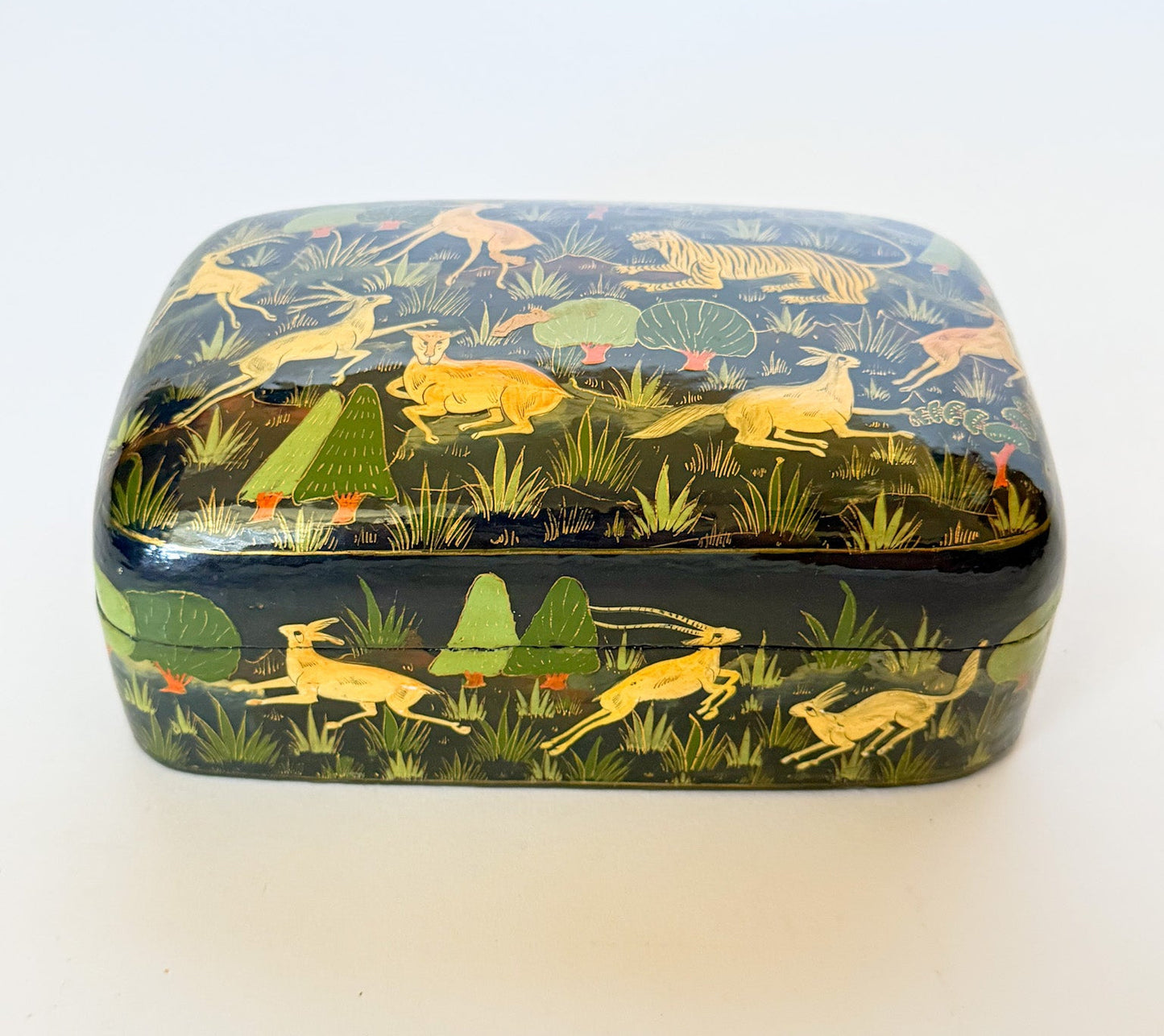 Large Vintage Lacquered Domed Box With Flora and Fauna