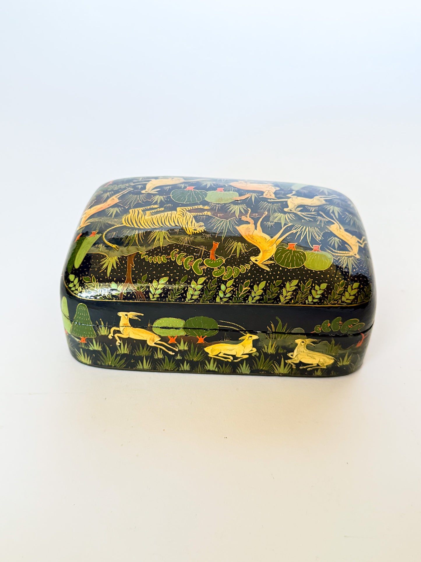 Large Vintage Lacquered Domed Box With Flora and Fauna