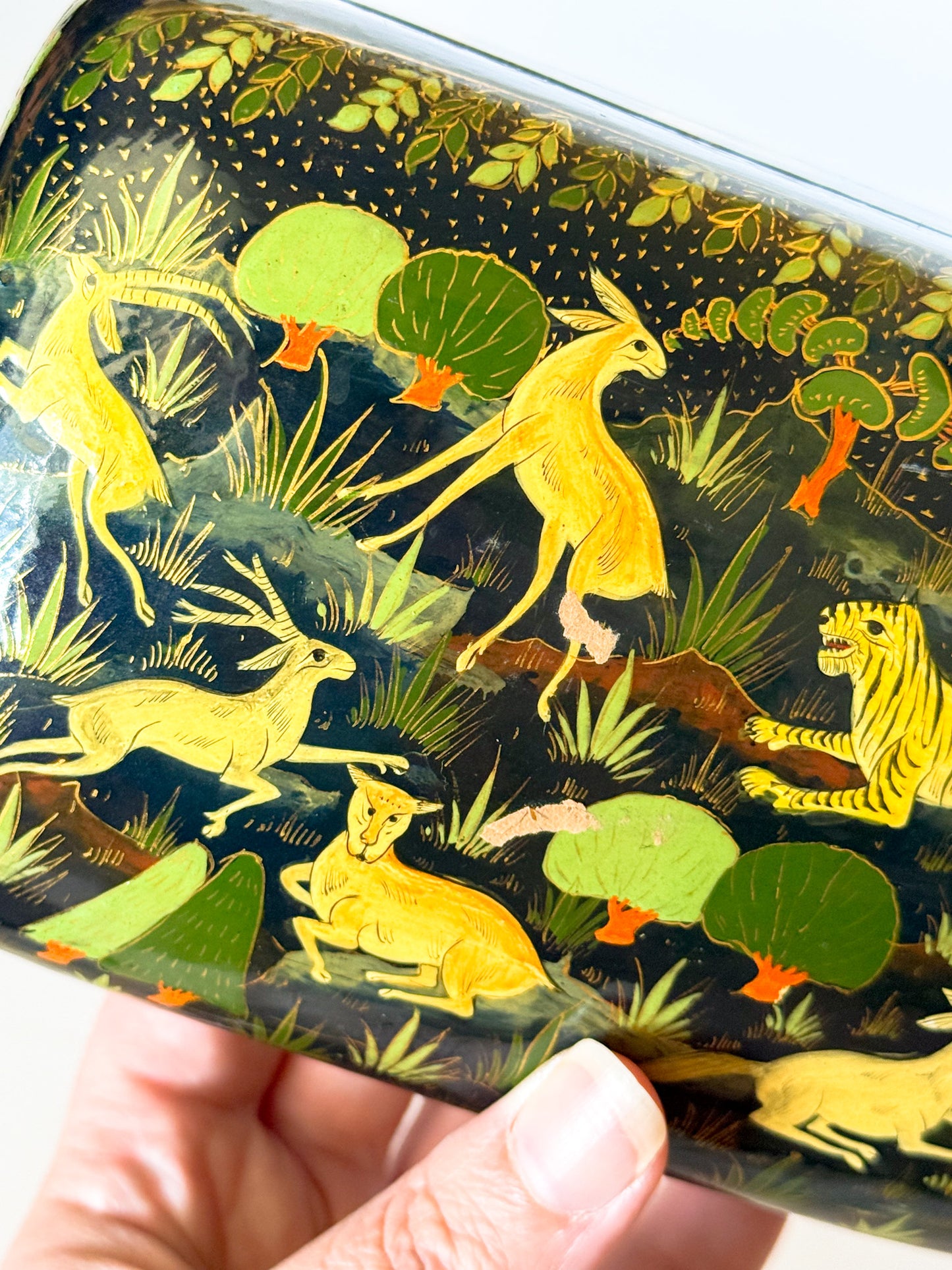 Large Vintage Lacquered Domed Box With Flora and Fauna