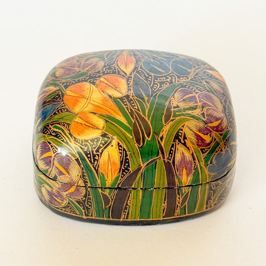 Vintage Kashmir Indian Lacquered Domed Box With Lilies