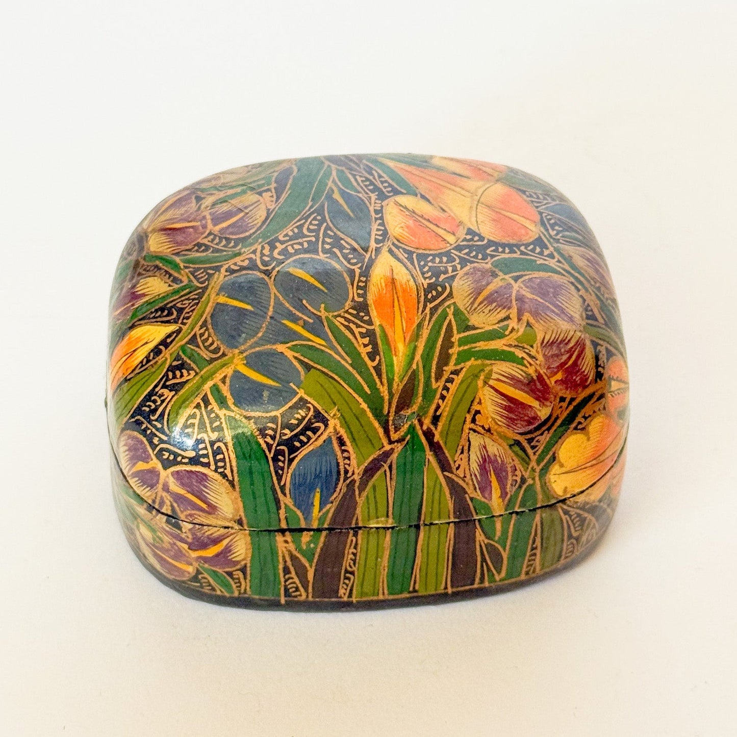 Vintage Kashmir Indian Lacquered Domed Box With Lilies