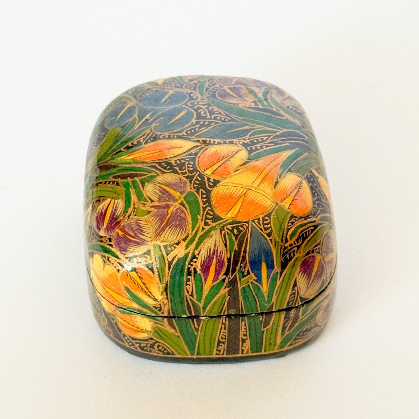Vintage Kashmir Indian Lacquered Domed Box With Lilies
