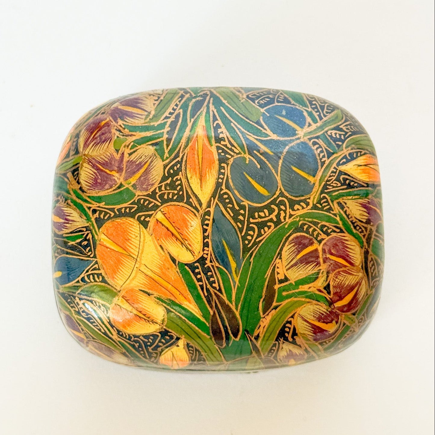 Vintage Kashmir Indian Lacquered Domed Box With Lilies