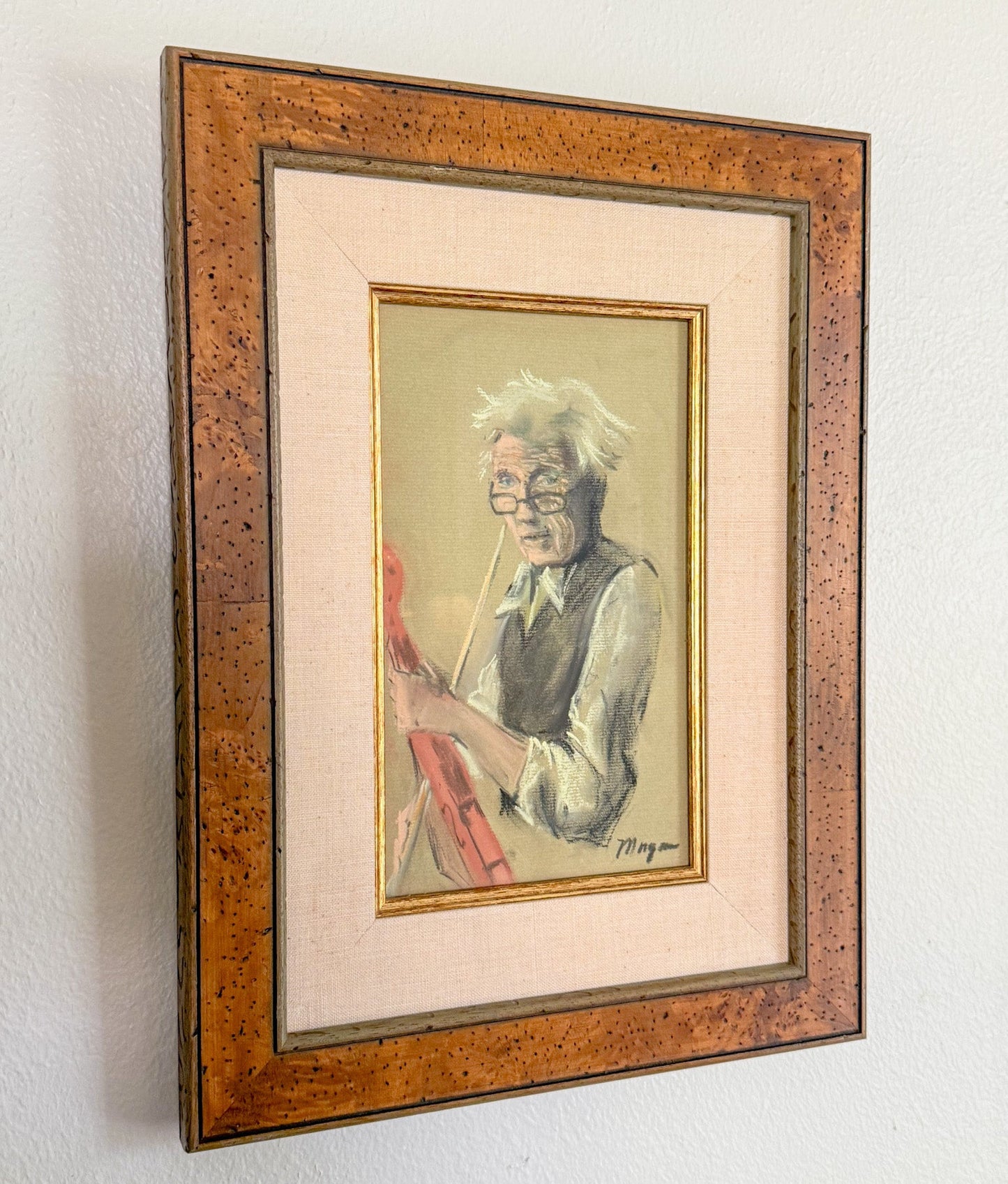 Framed Original Pastel Portrait Sketch of Violinist, Signed