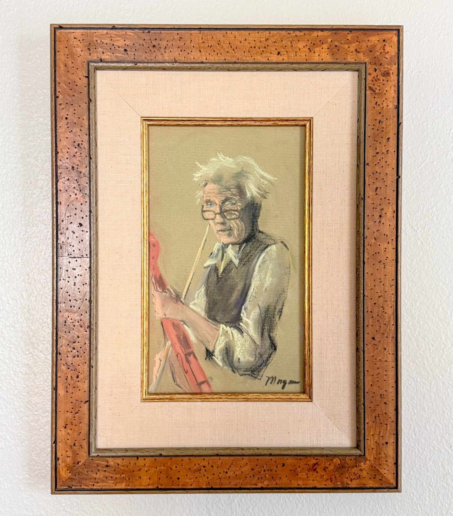 Framed Original Pastel Portrait Sketch of Violinist, Signed