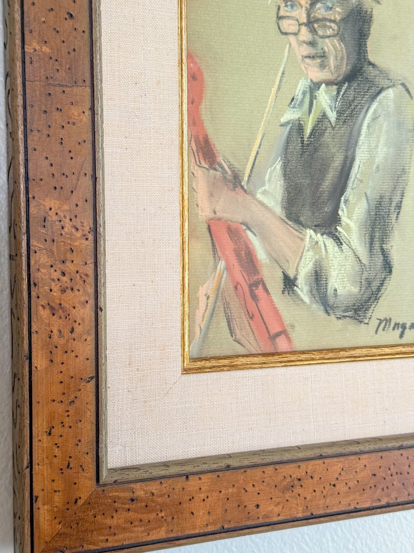 Framed Original Pastel Portrait Sketch of Violinist, Signed