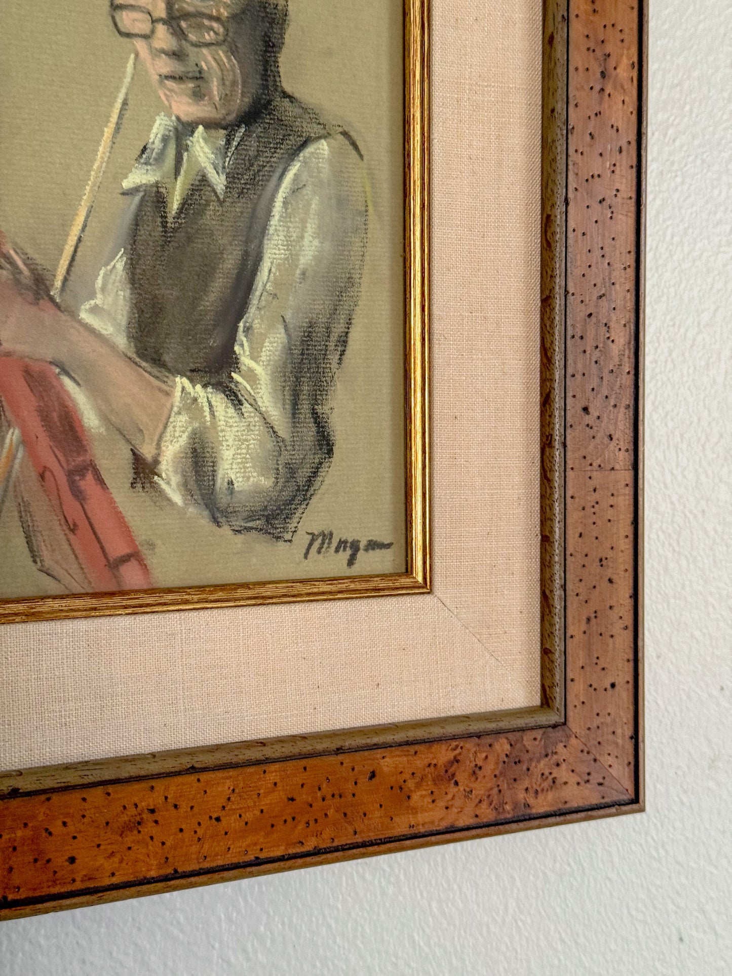 Framed Original Pastel Portrait Sketch of Violinist, Signed