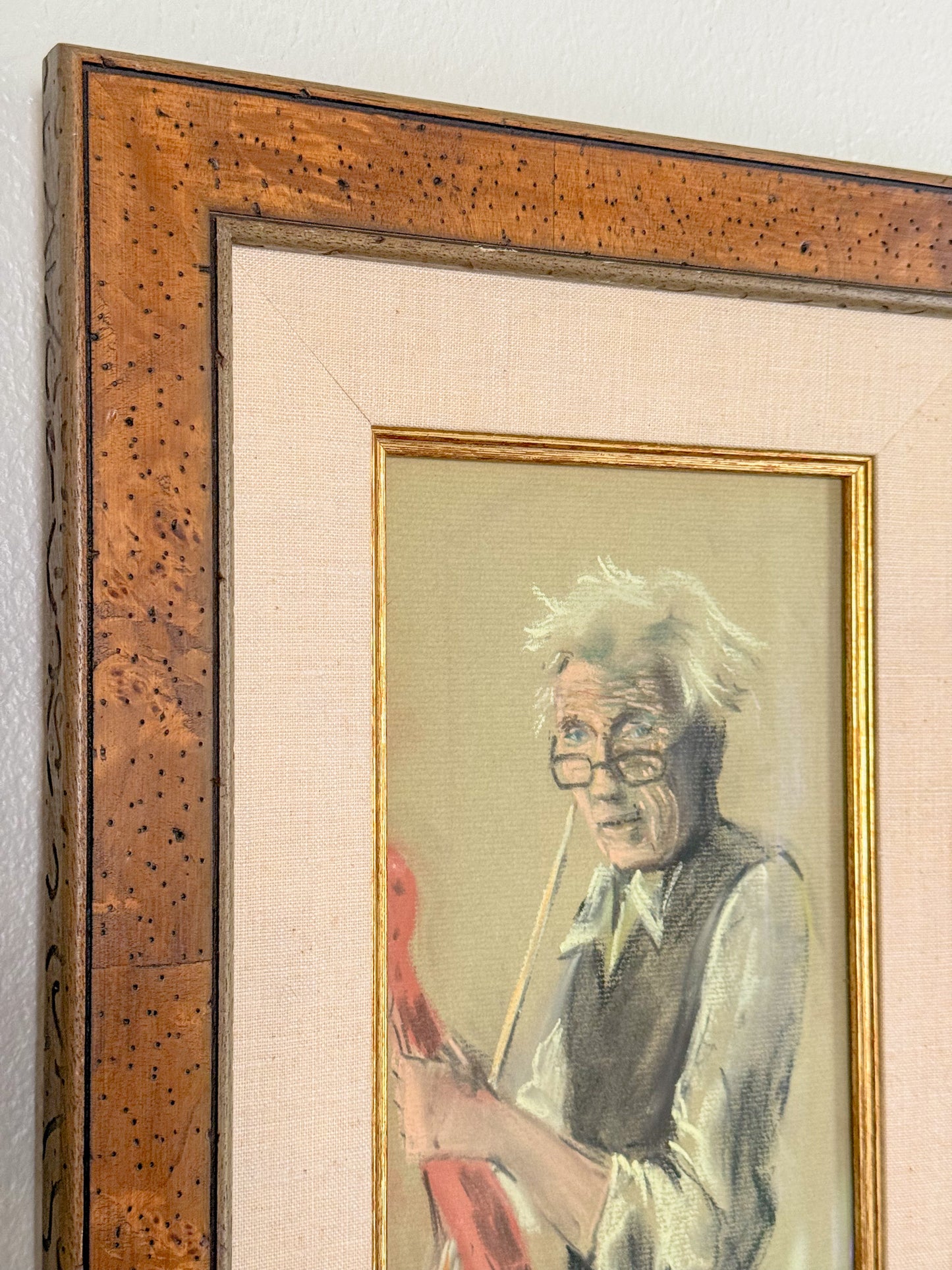 Framed Original Pastel Portrait Sketch of Violinist, Signed