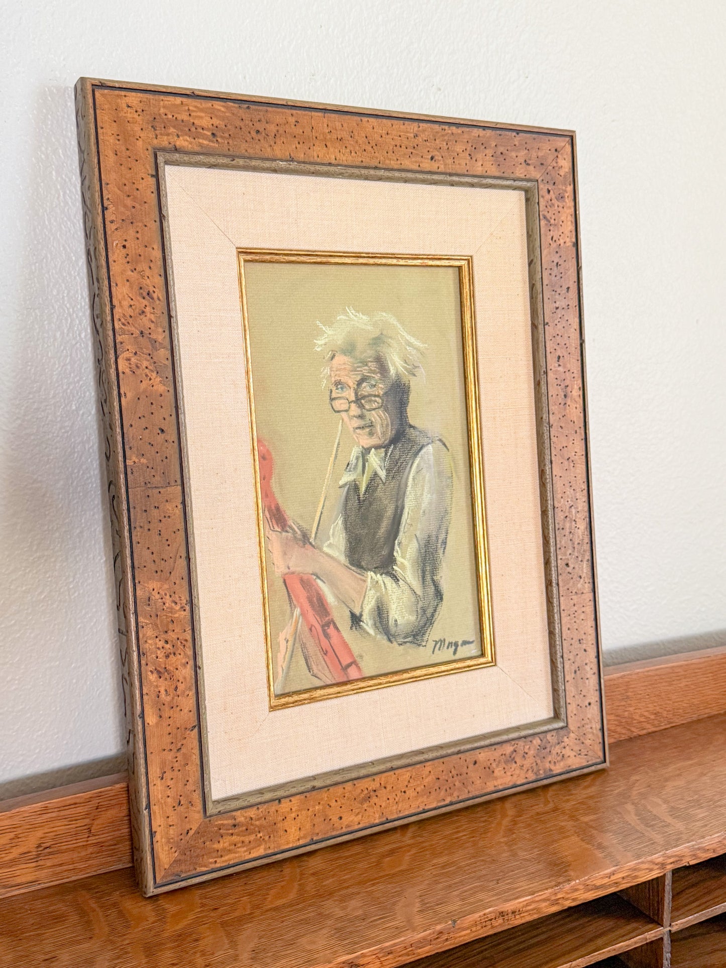 Framed Original Pastel Portrait Sketch of Violinist, Signed