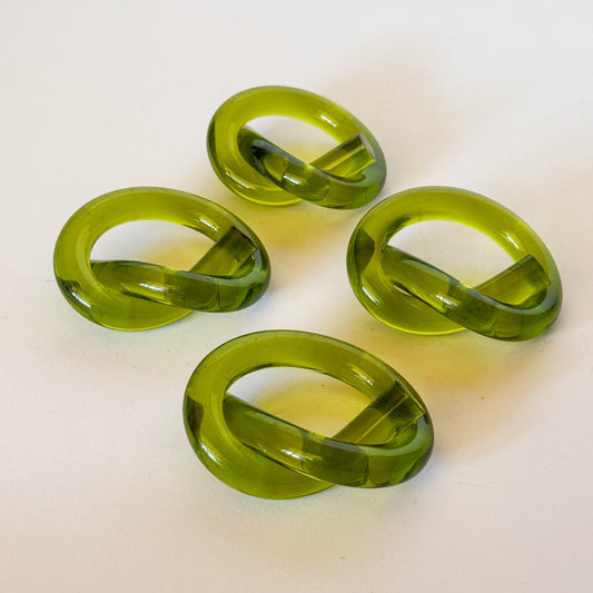 Vintage Olive Green Pretzel Knot Lucite Napkin Rings, Set of 4