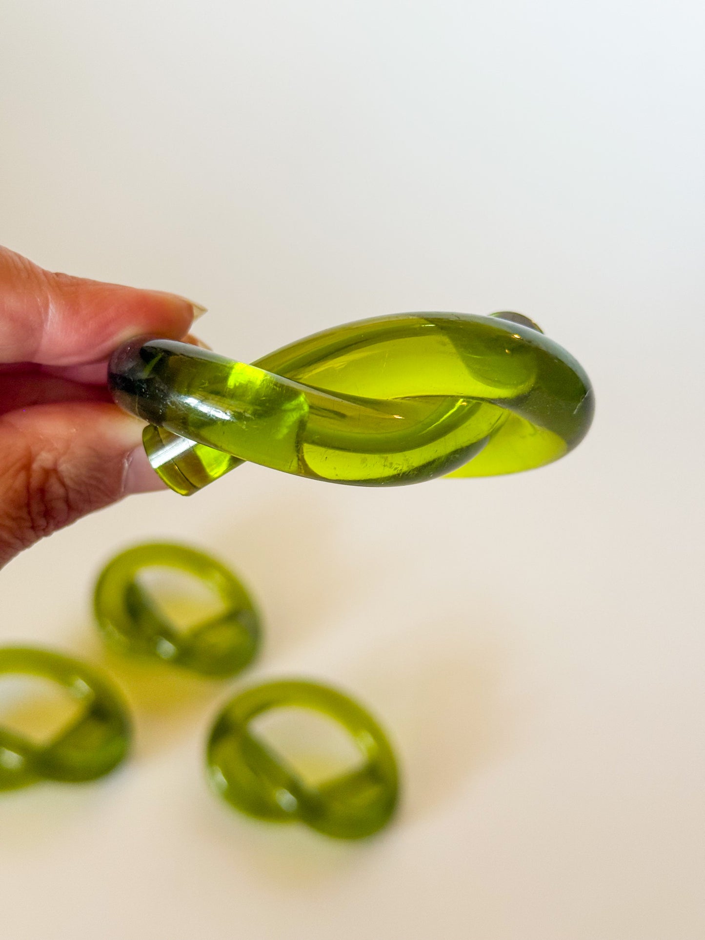 Vintage Olive Green Pretzel Knot Lucite Napkin Rings, Set of 4