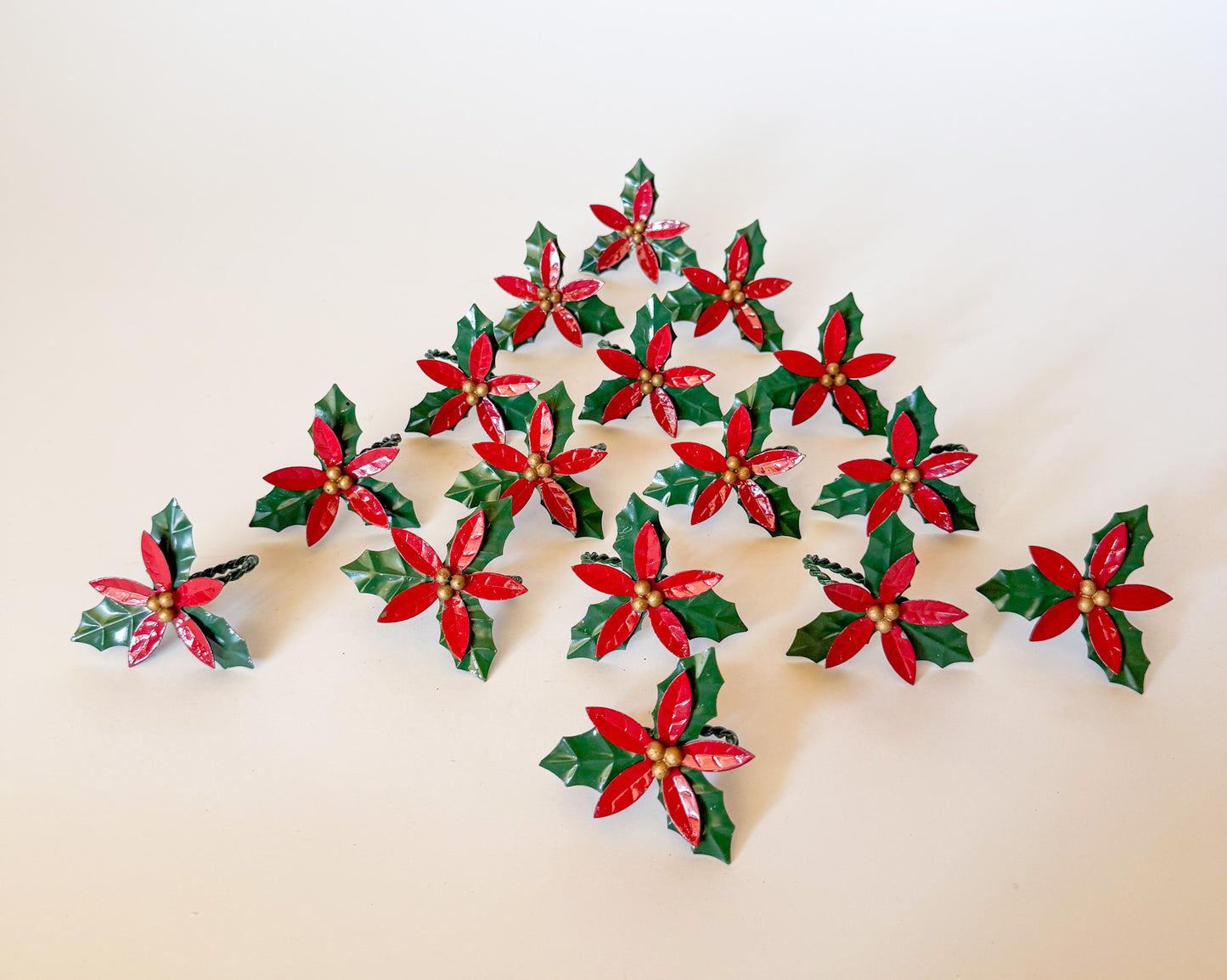Vintage Tole Style Poinsettia Flower Napkin Rings - Sold in Sets of 4