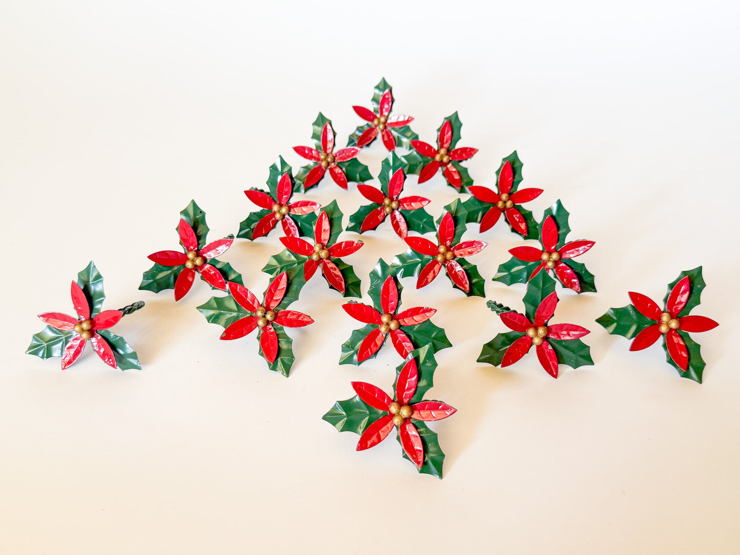 Vintage Tole Style Poinsettia Flower Napkin Rings - Sold in Sets of 4