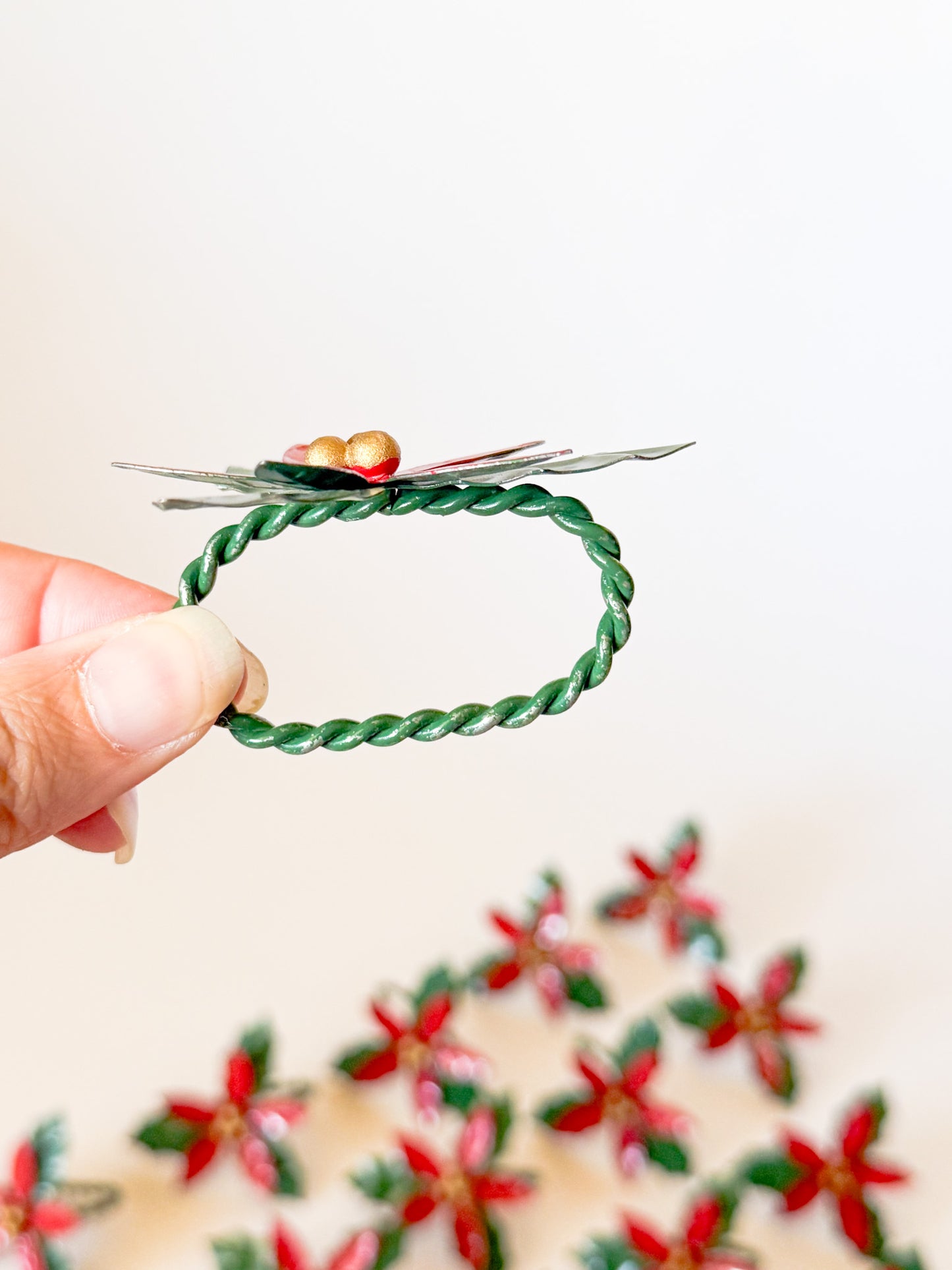 Vintage Tole Style Poinsettia Flower Napkin Rings - Sold in Sets of 4