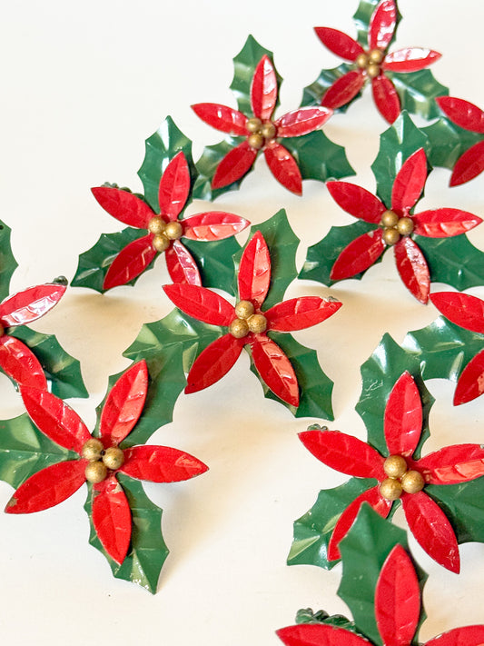 Vintage Tole Style Poinsettia Flower Napkin Rings - Sold in Sets of 4