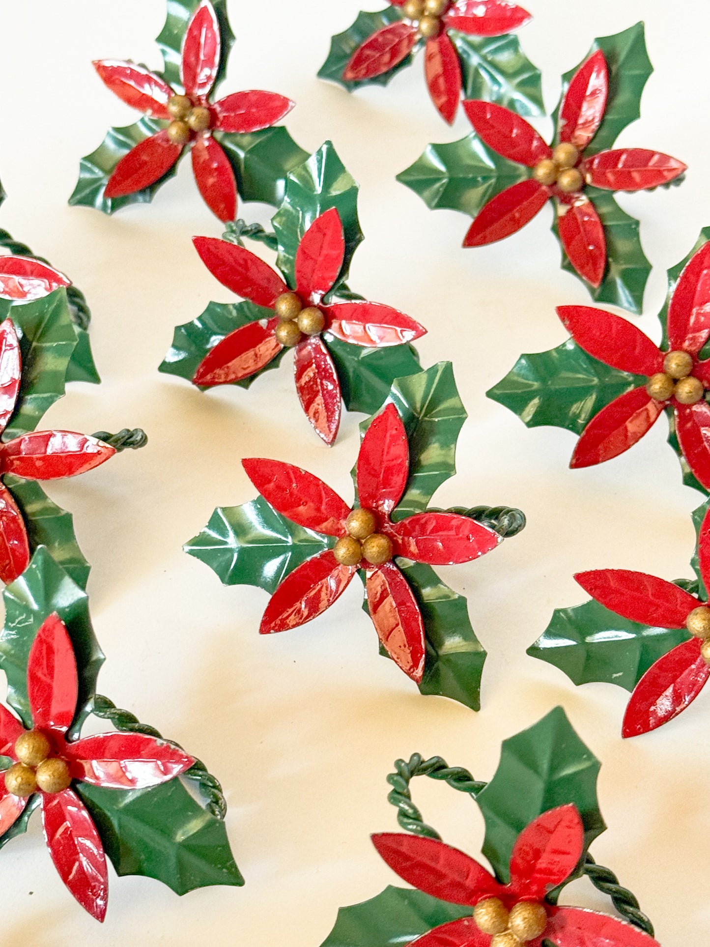Vintage Tole Style Poinsettia Flower Napkin Rings - Sold in Sets of 4