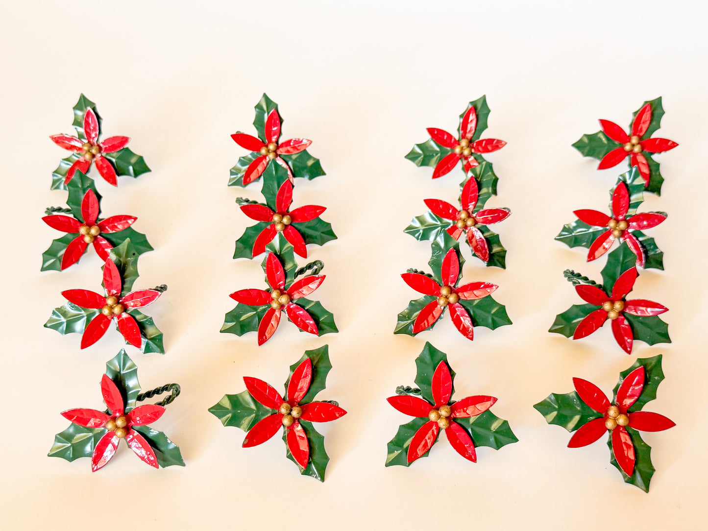 Vintage Tole Style Poinsettia Flower Napkin Rings - Sold in Sets of 4