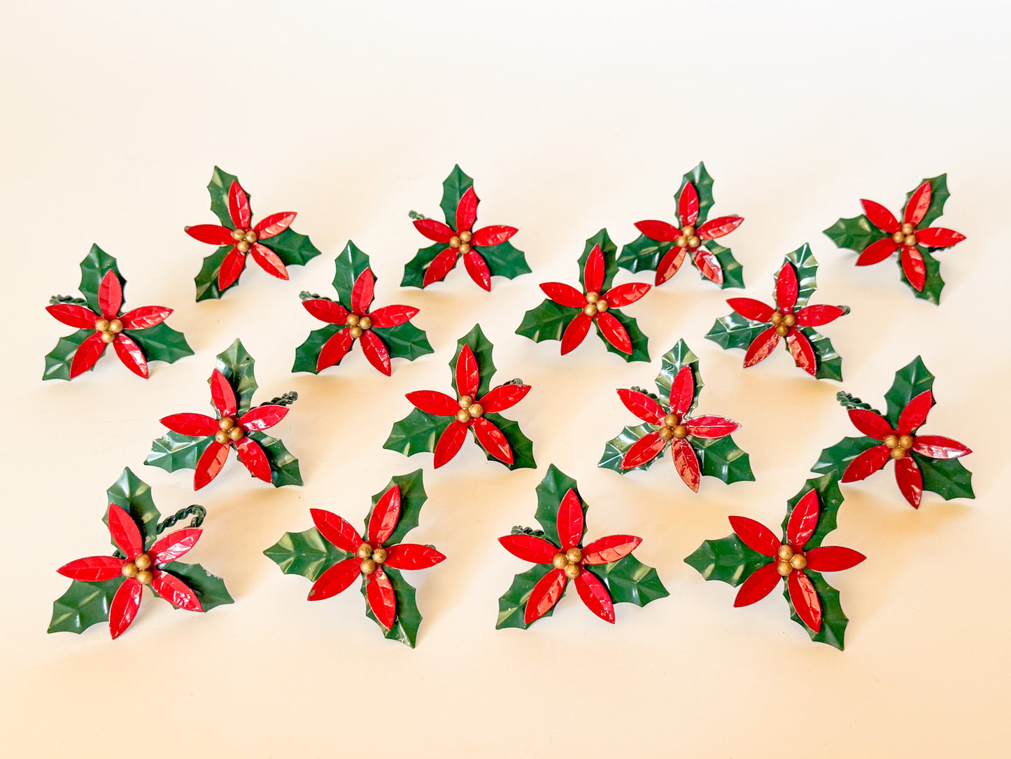 Vintage Tole Style Poinsettia Flower Napkin Rings - Sold in Sets of 4