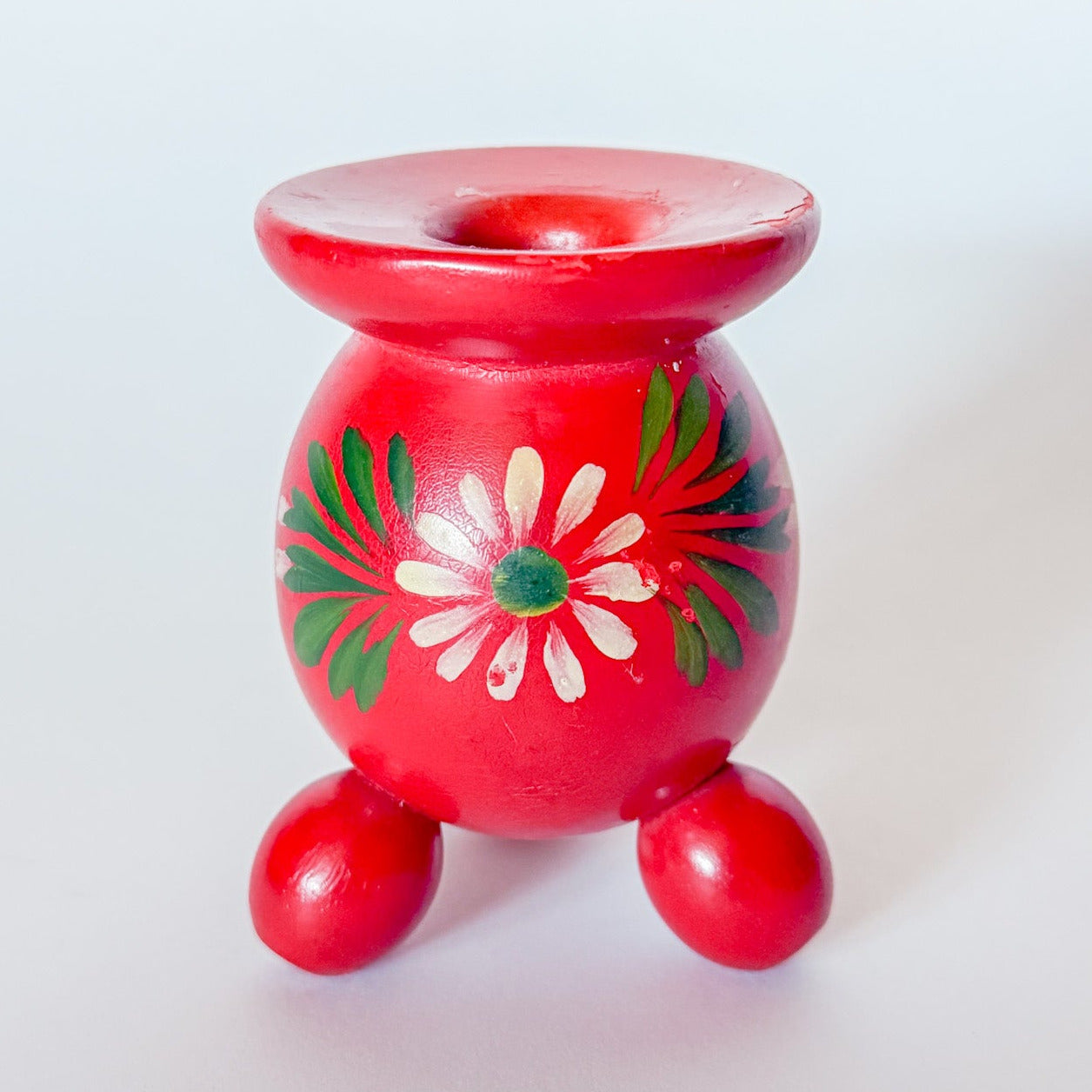 Vintage Swedish Folk Art Wooden Red Candlestick Holder